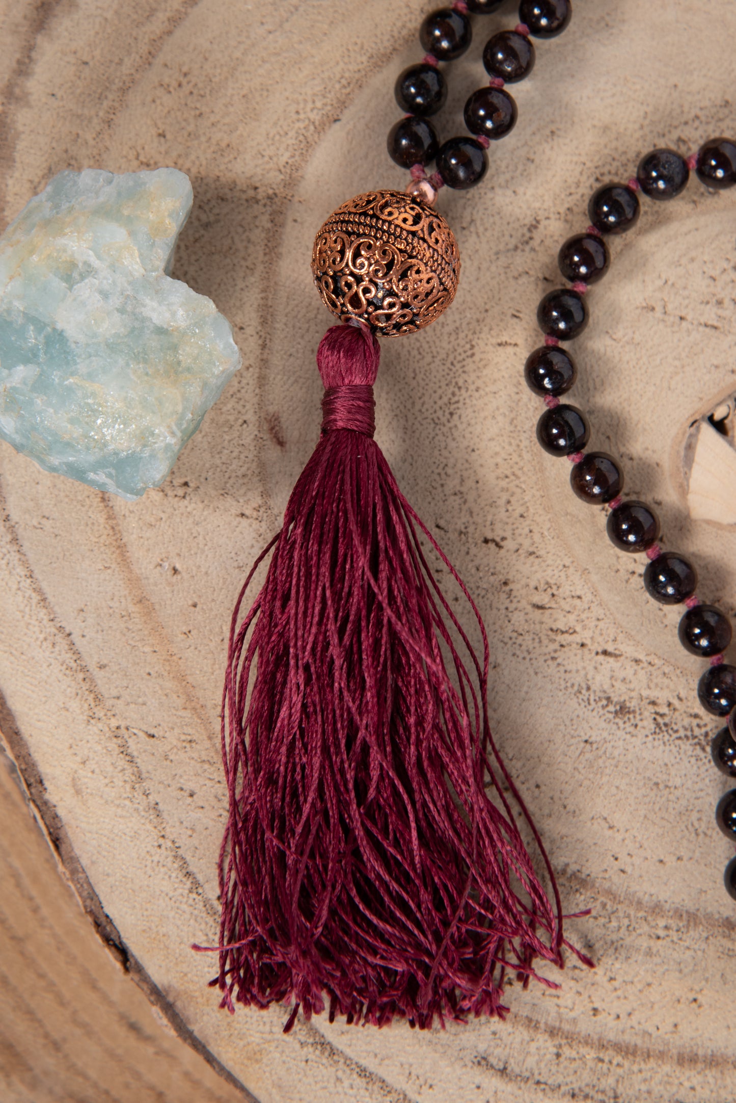 Mala 108 con pietre naturali di Granato, Perla Guru Rame, rame