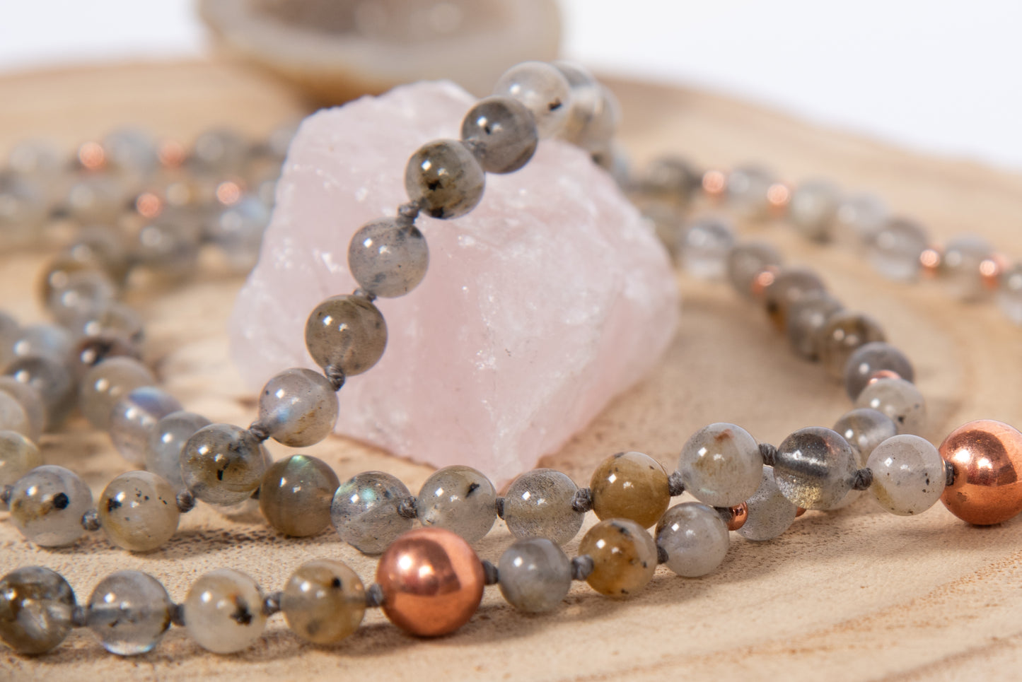 Mala collana artigianale 108 perle Labradorite, pietra guru Agata, rame