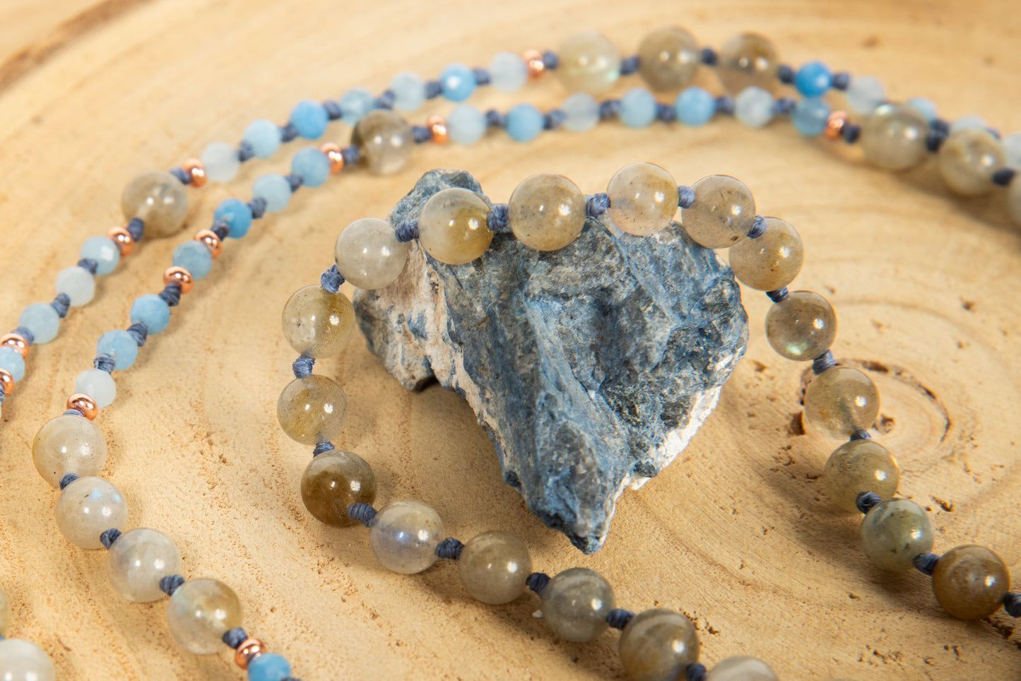 Mala collana 108 perle di Acquamarina e Labradorite, Pietra Guru Lapislazzuli, Rame