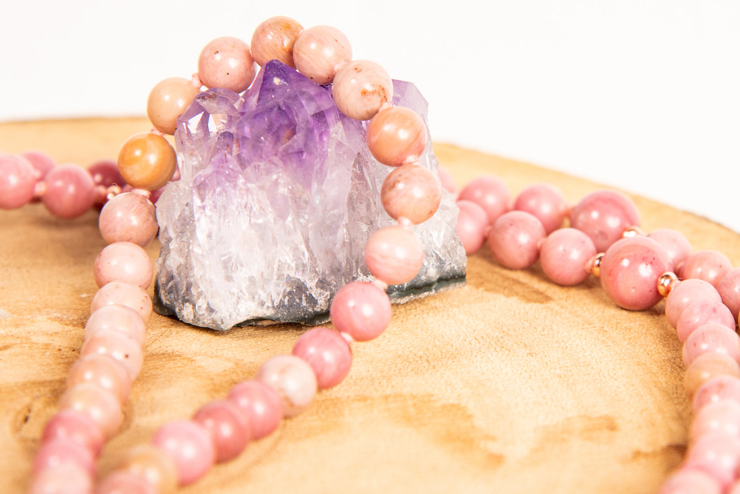 Mala da meditazione in Rodonite, Pietra Guru Quarzo rosa e Rame