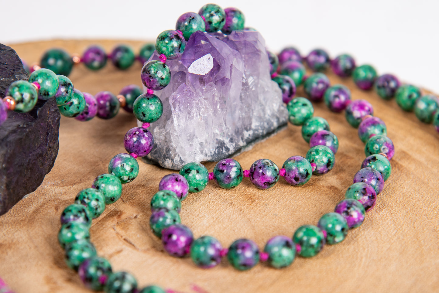 Mala con 108 perle di Zoisite, Pietra Guru Diaspro verde, Rame