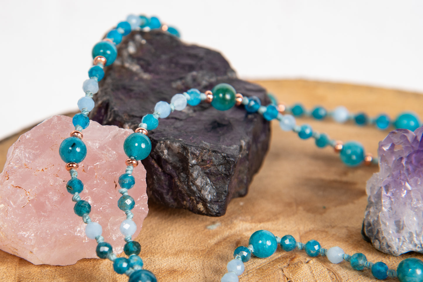 Mala collana 108 perle di Acquamarina e Apatite, Pietra Guru Apatite, Rame