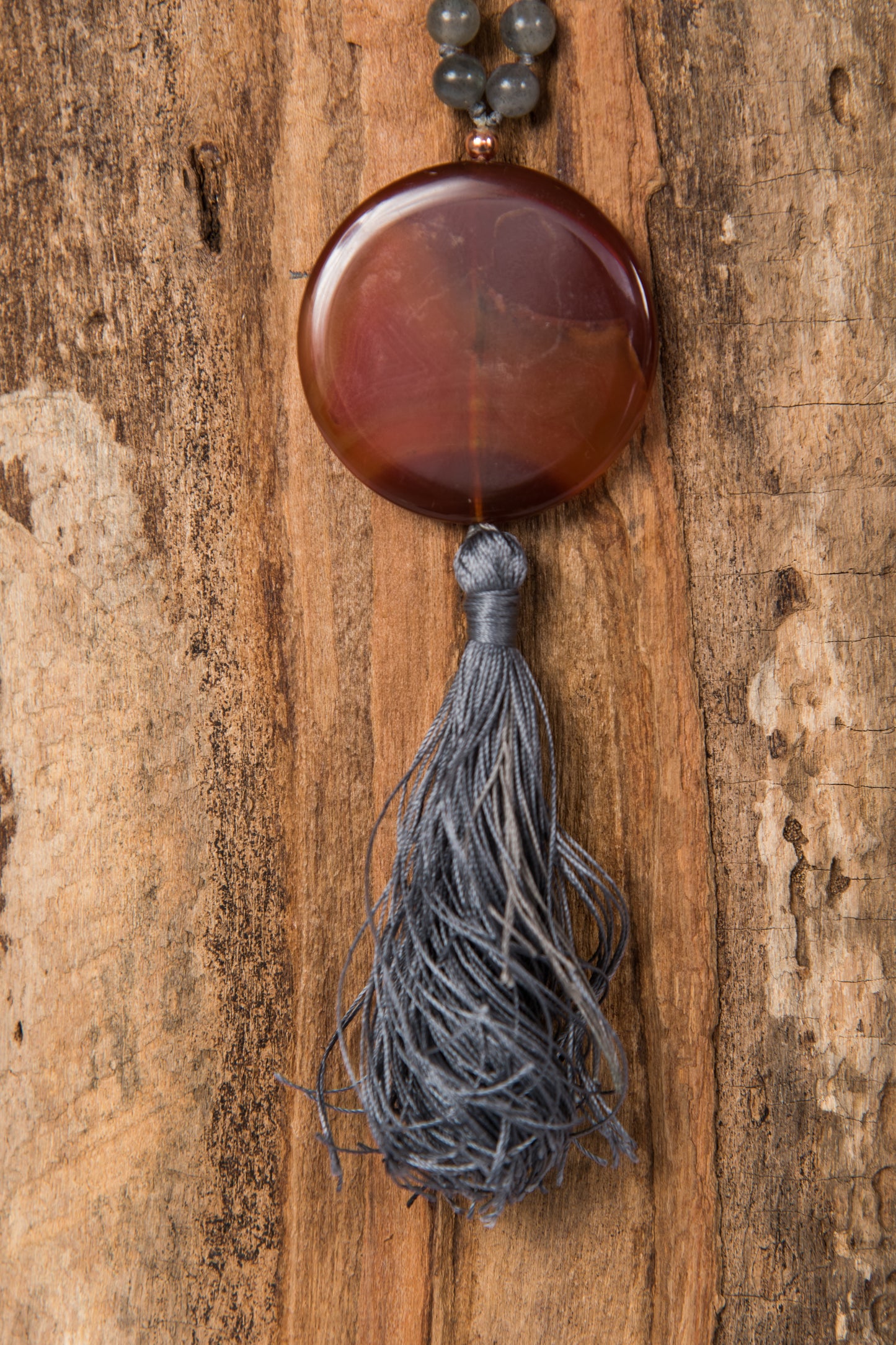 Mala in labradorite e corniola, rame