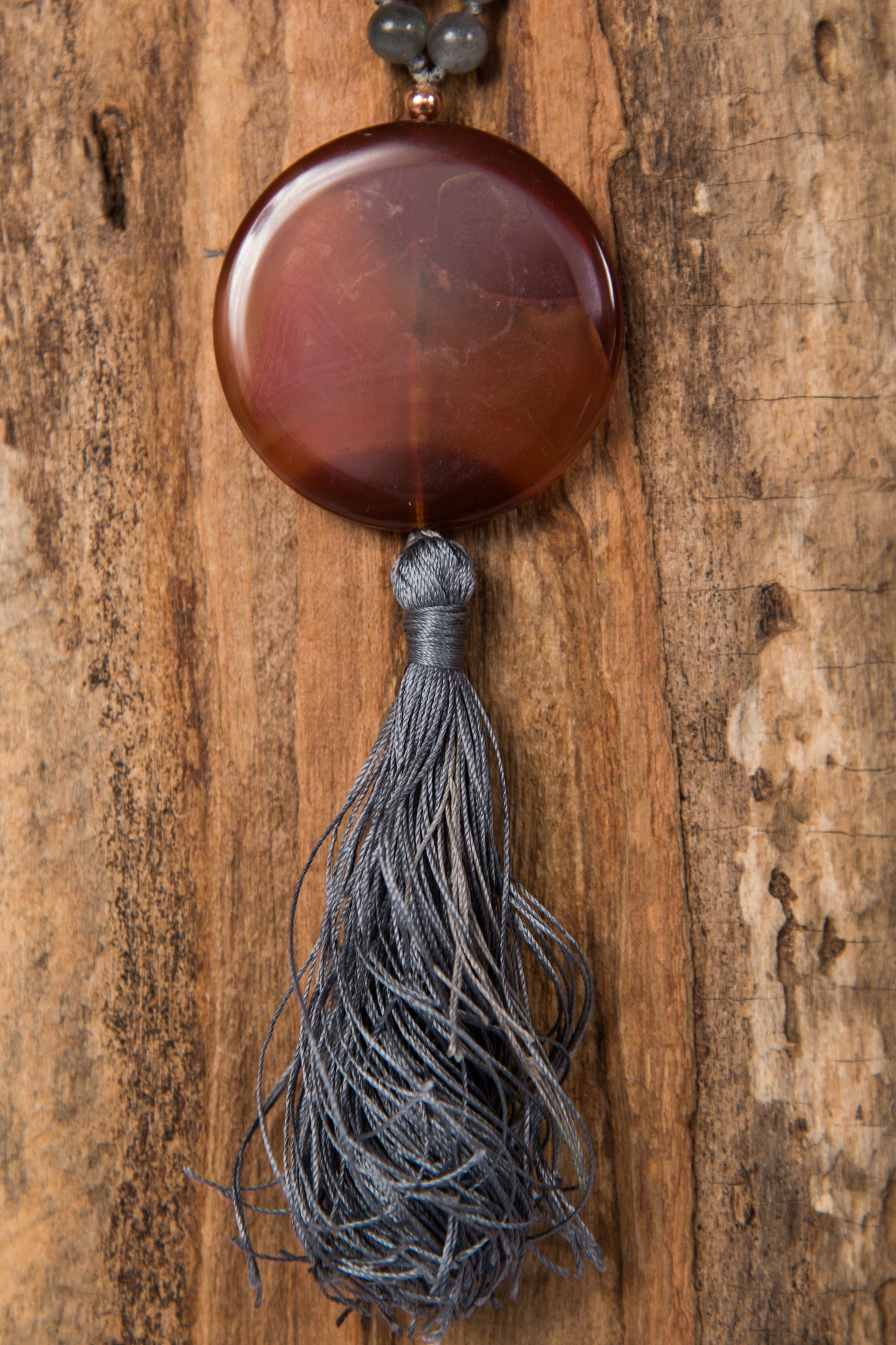Mala in labradorite e corniola, rame