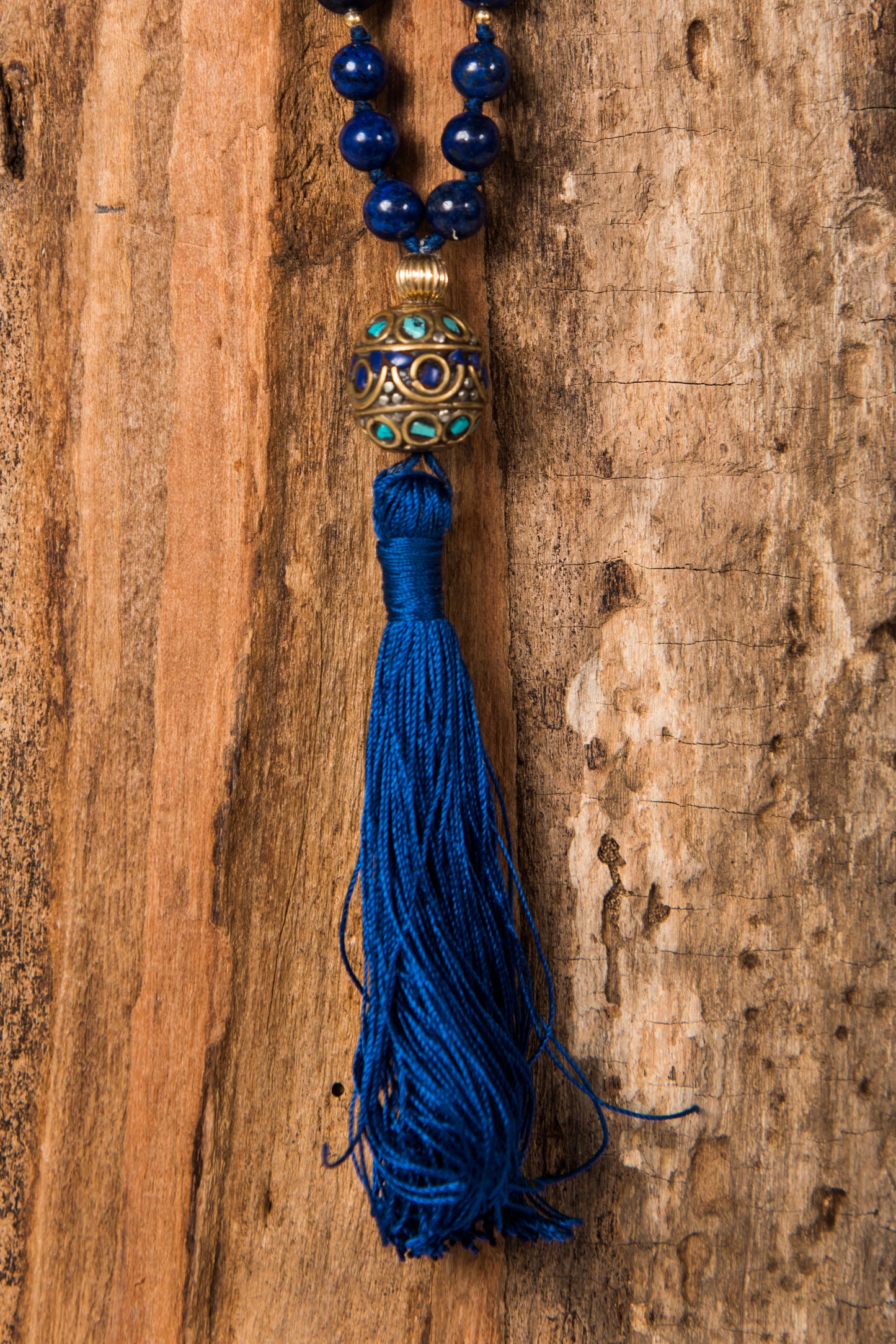 Mala in Lapislazzuli, Pietra guru Perla Tibetana, Argento dorato 925, Placcato Oro 14 kt