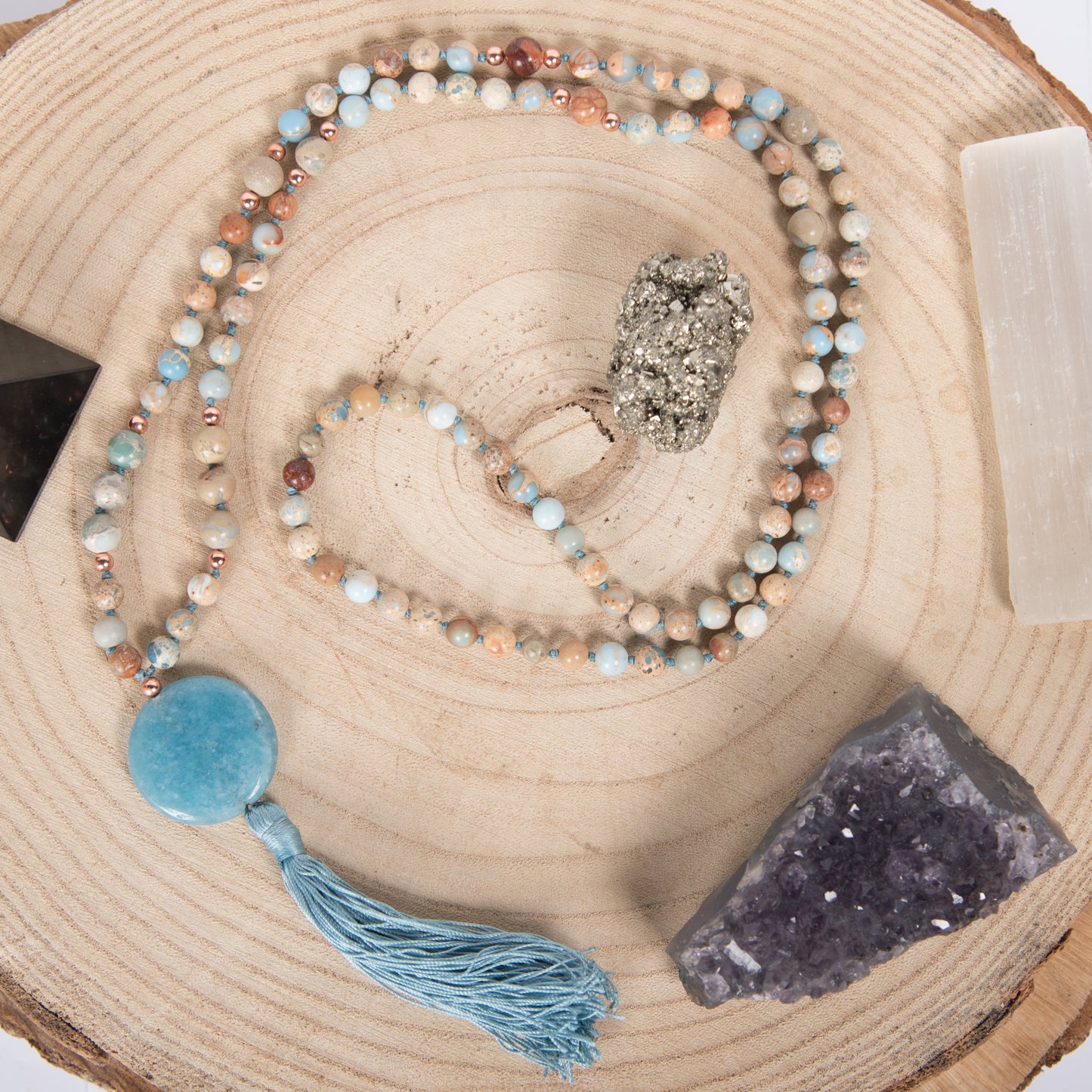 Mala in Diaspro imperiale, Pietra Guru Amazzonite e Rame