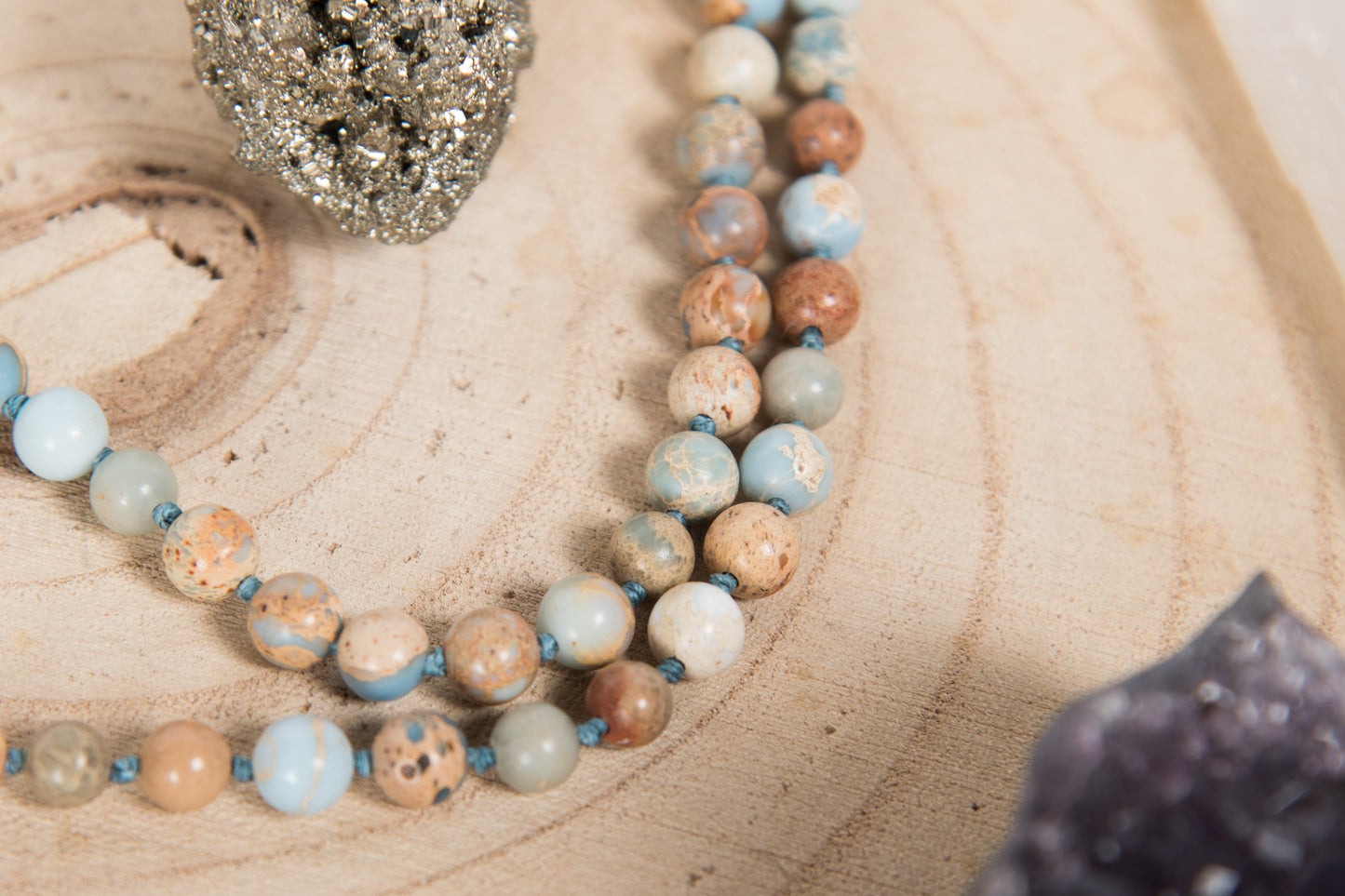 Mala in Diaspro imperiale, Pietra Guru Amazzonite e Rame