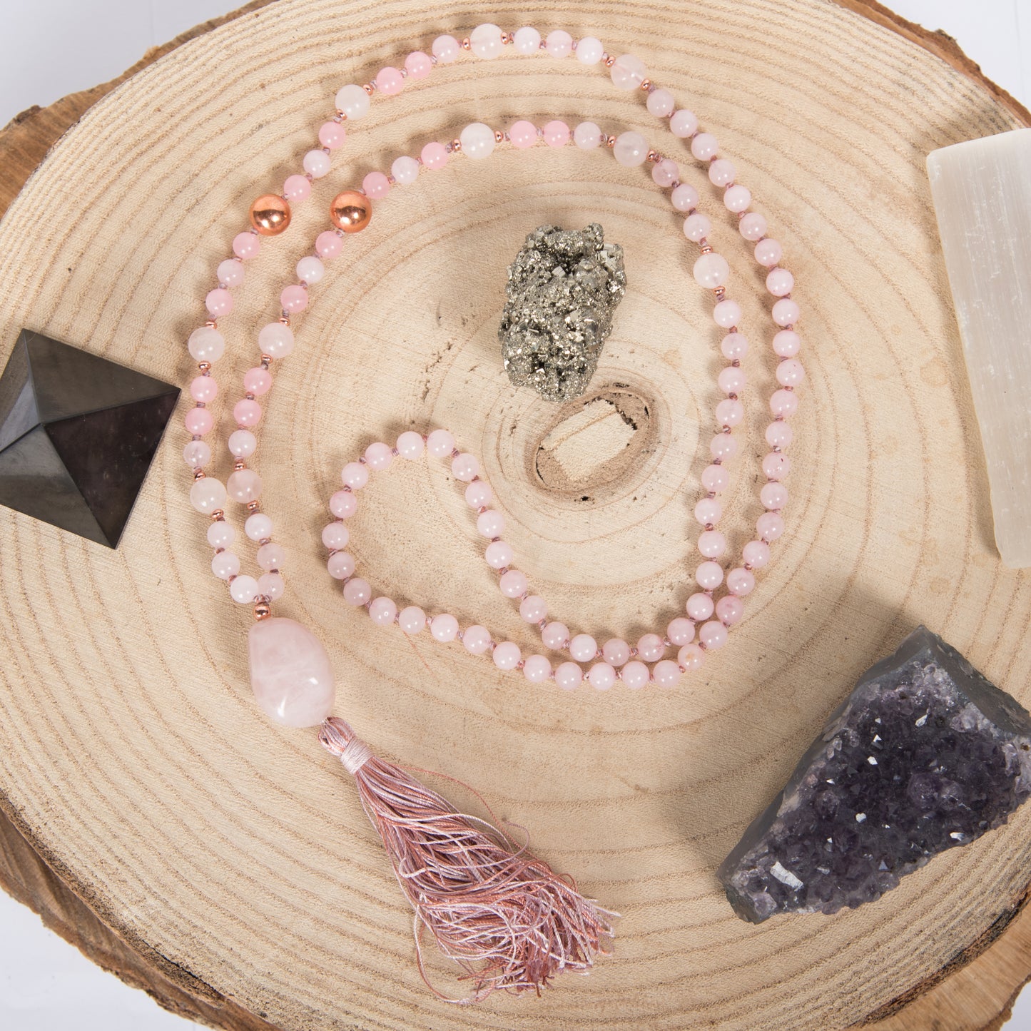 Mala in Quarzo rosa, Pietra Guru Quarzo in rosa, Rame
