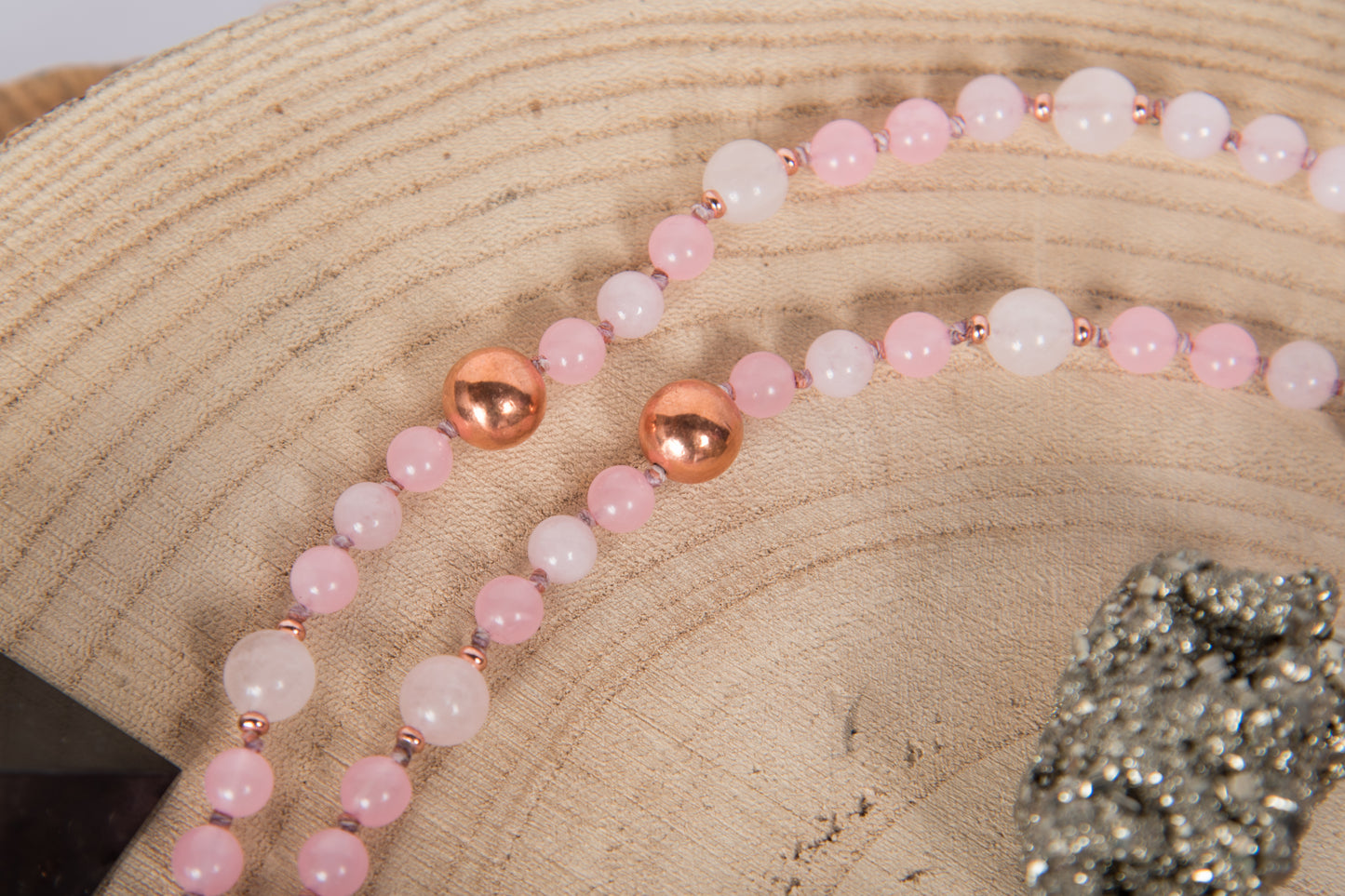 Mala in Quarzo rosa, Pietra Guru Quarzo in rosa, Rame