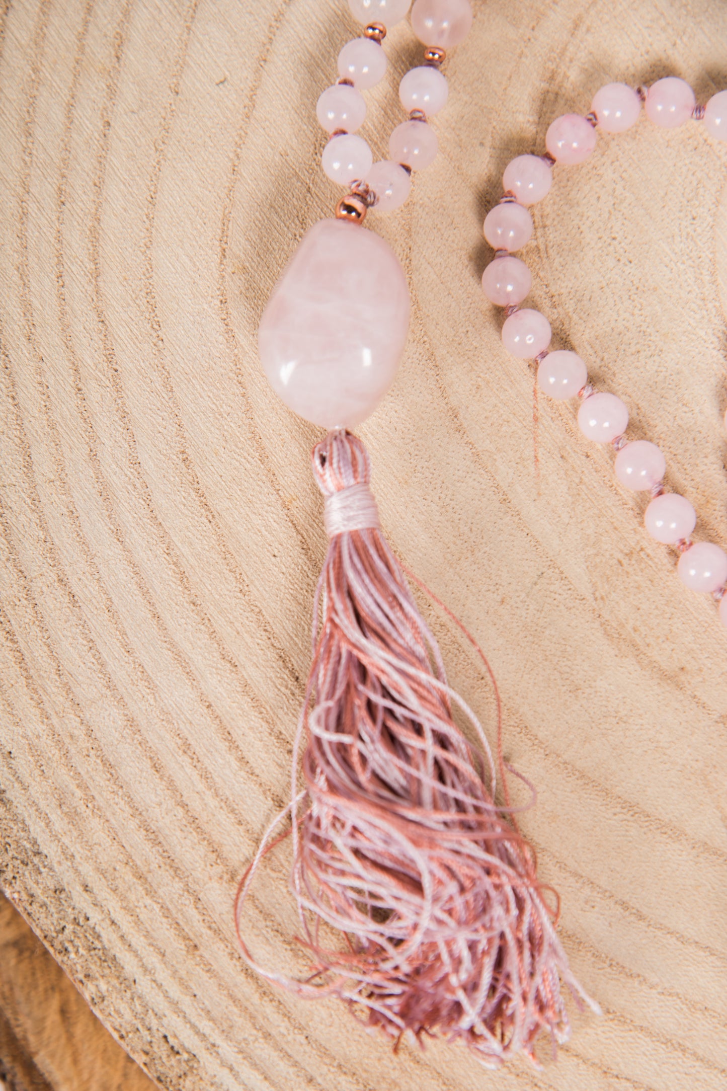Mala in Quarzo rosa, Pietra Guru Quarzo in rosa, Rame