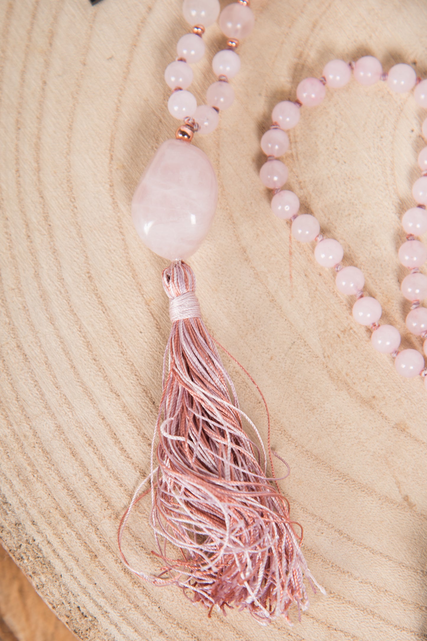 Mala in Quarzo rosa, Pietra Guru Quarzo in rosa, Rame