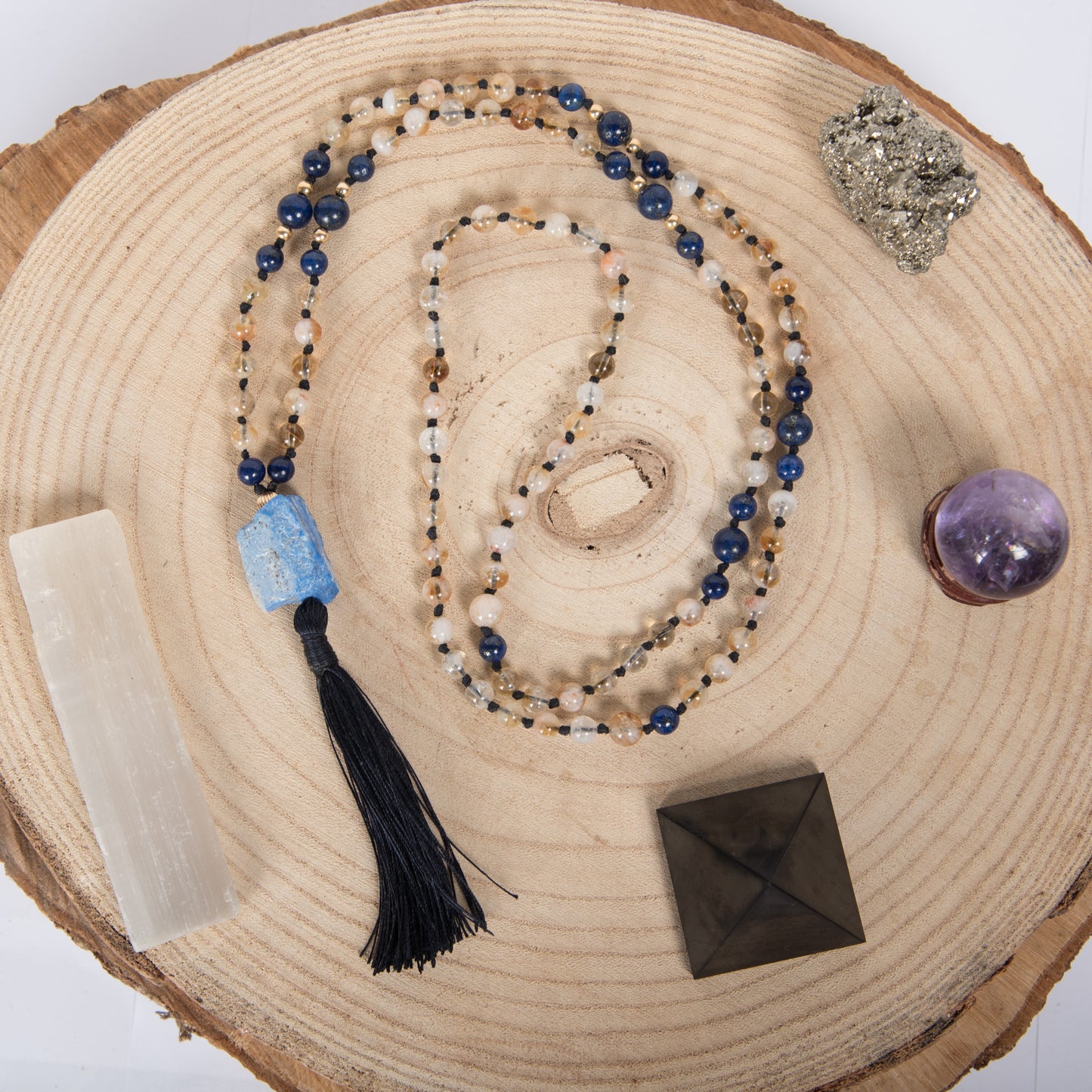 Mala in Quarzo citrino, Lapislazzuli Pietra guru Lapislazzuli, Argento dorato 925, Placcato Oro 14 kt