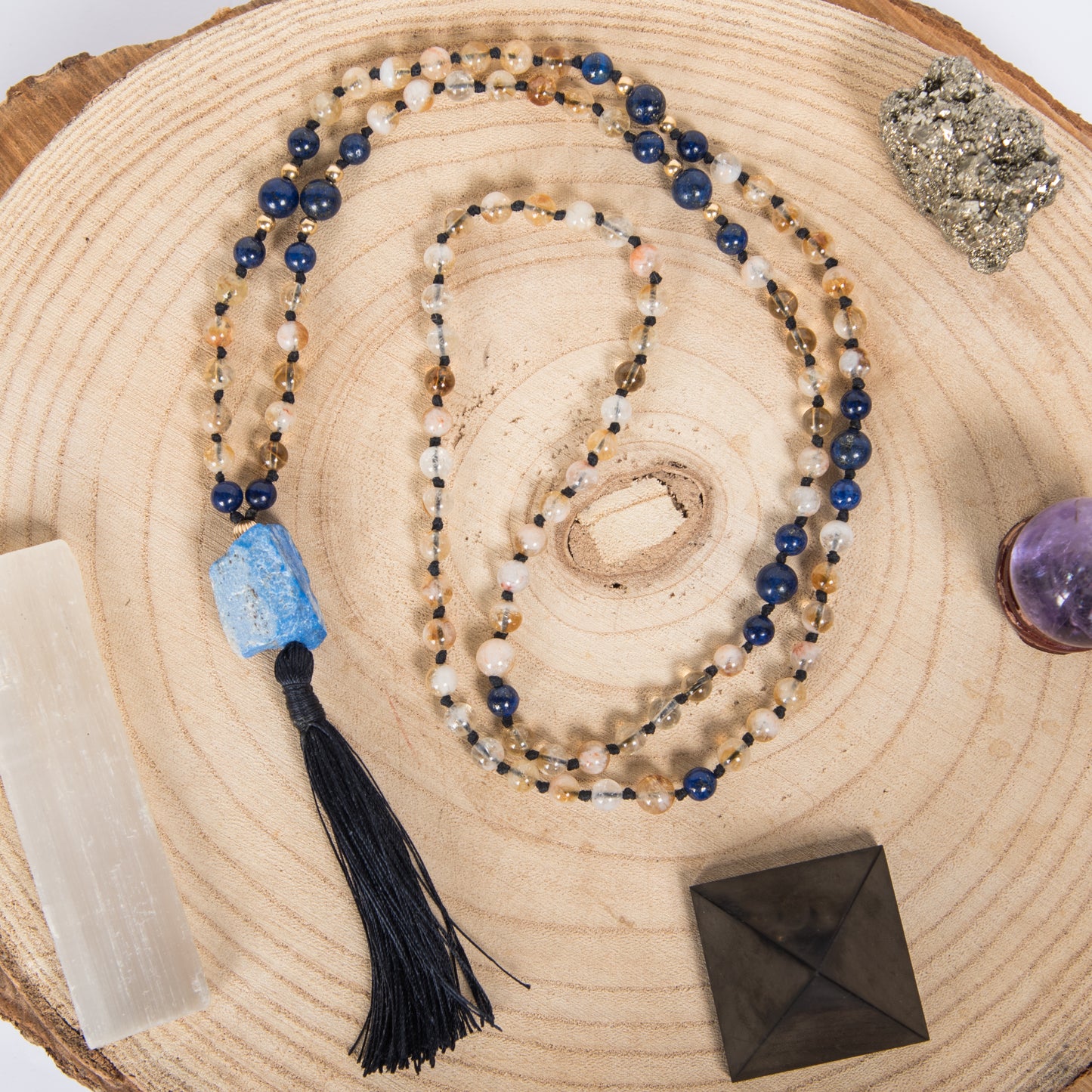 Mala in Quarzo citrino, Lapislazzuli Pietra guru Lapislazzuli, Argento dorato 925, Placcato Oro 14 kt