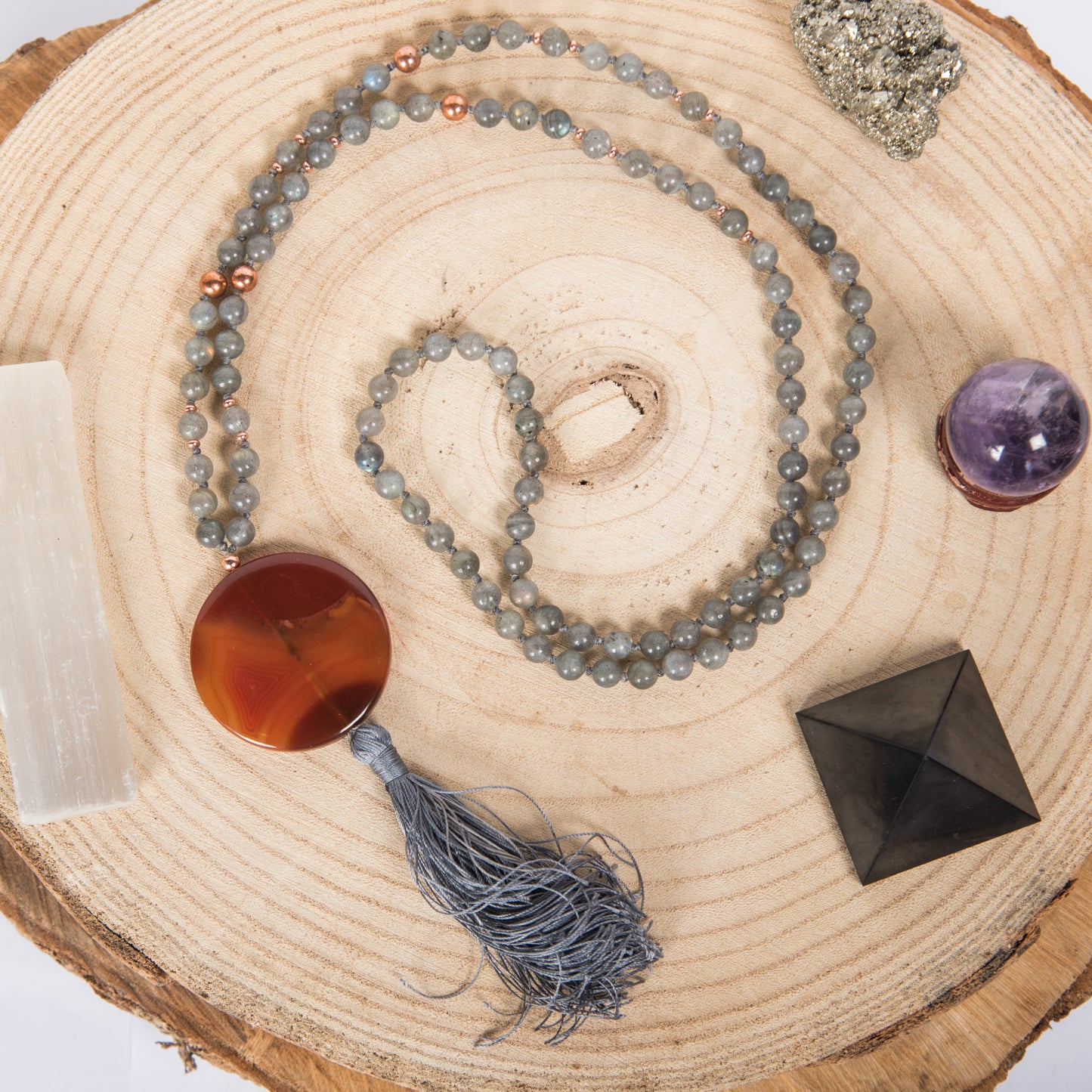 Mala in labradorite e corniola, rame