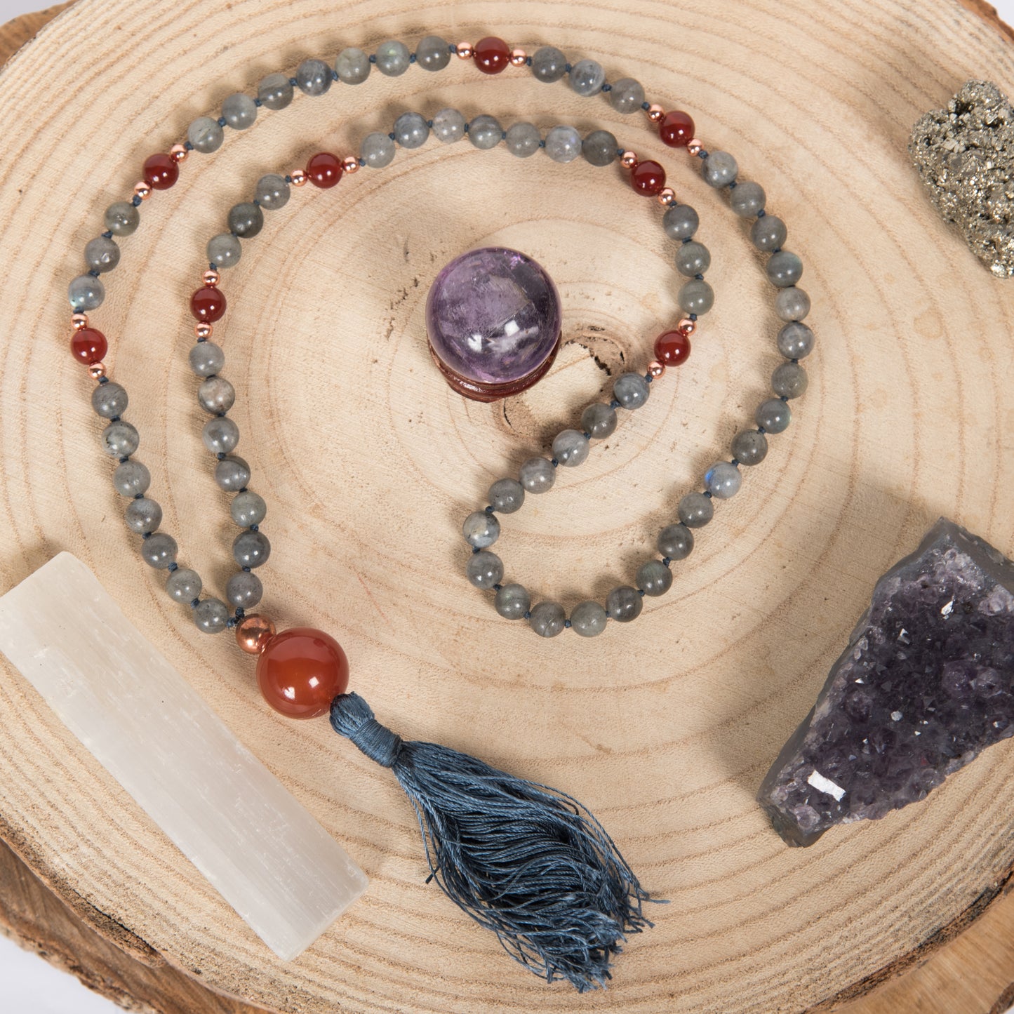 Mala in Labradorite, Pietra Guru Agata rossa e Rame