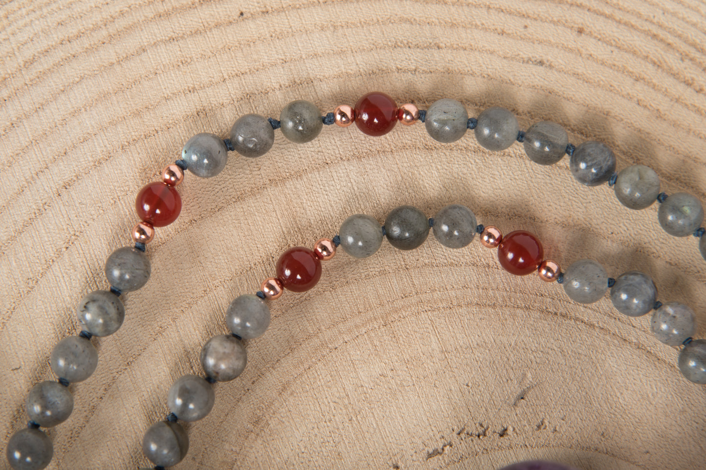 Mala in Labradorite, Pietra Guru Agata rossa e Rame