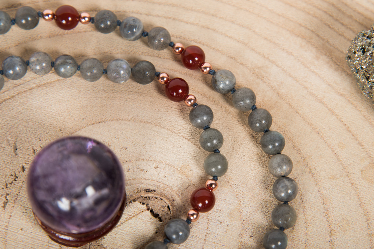Mala in Labradorite, Pietra Guru Agata rossa e Rame