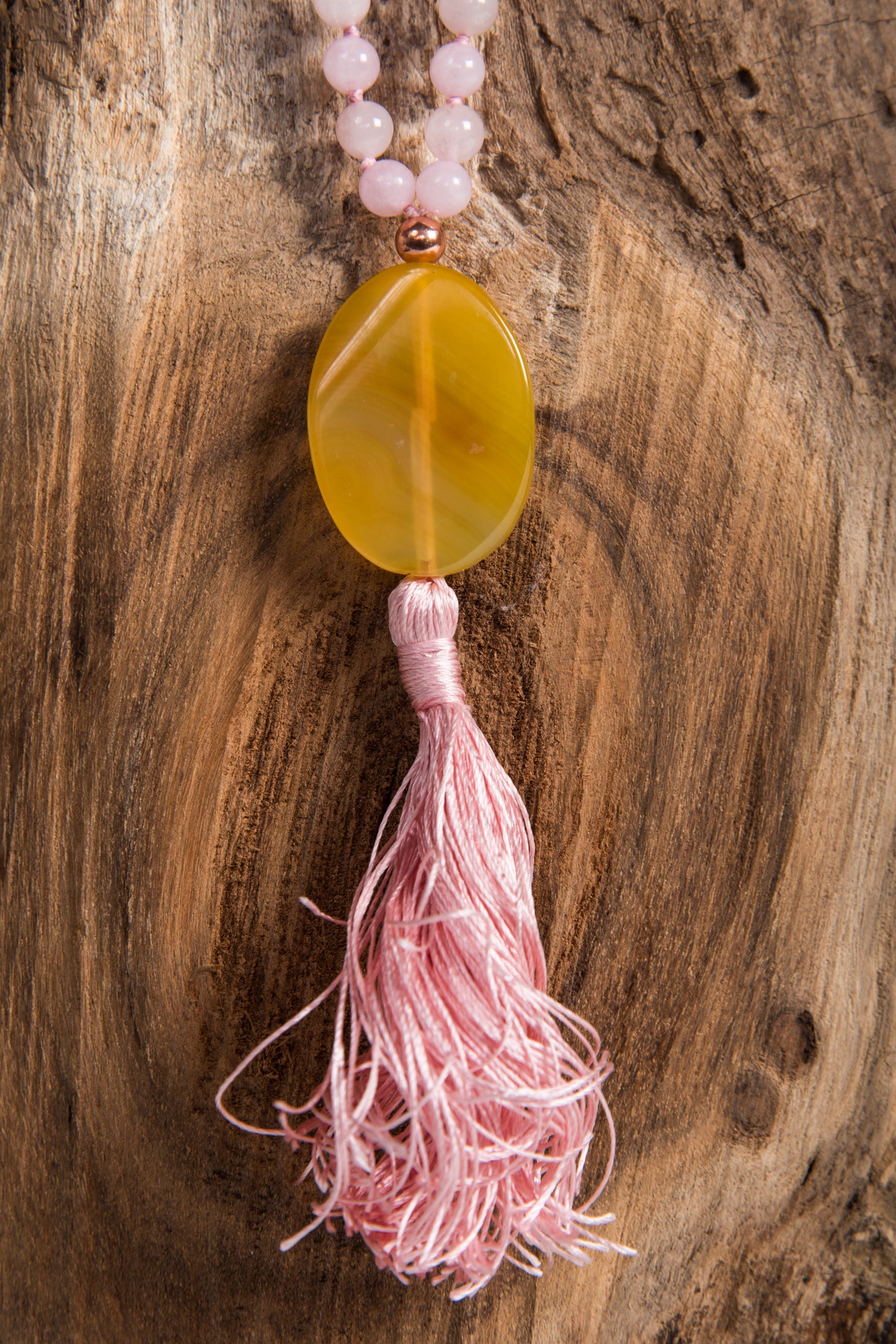 Mala Quarzo rosa, Quarzo Citrino, Pietra Guru Agata gialla, Rame