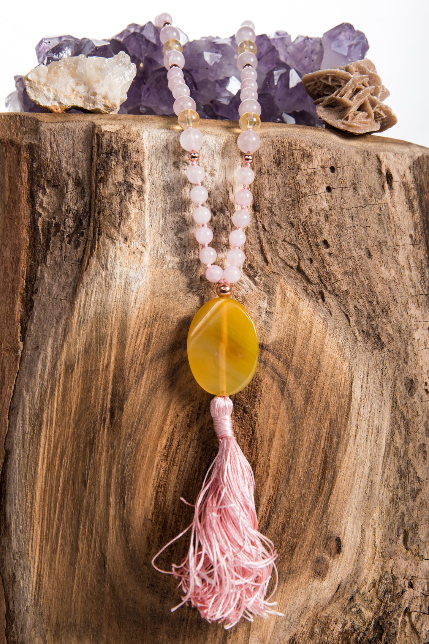 Mala Quarzo rosa, Quarzo Citrino, Pietra Guru Agata gialla, Rame