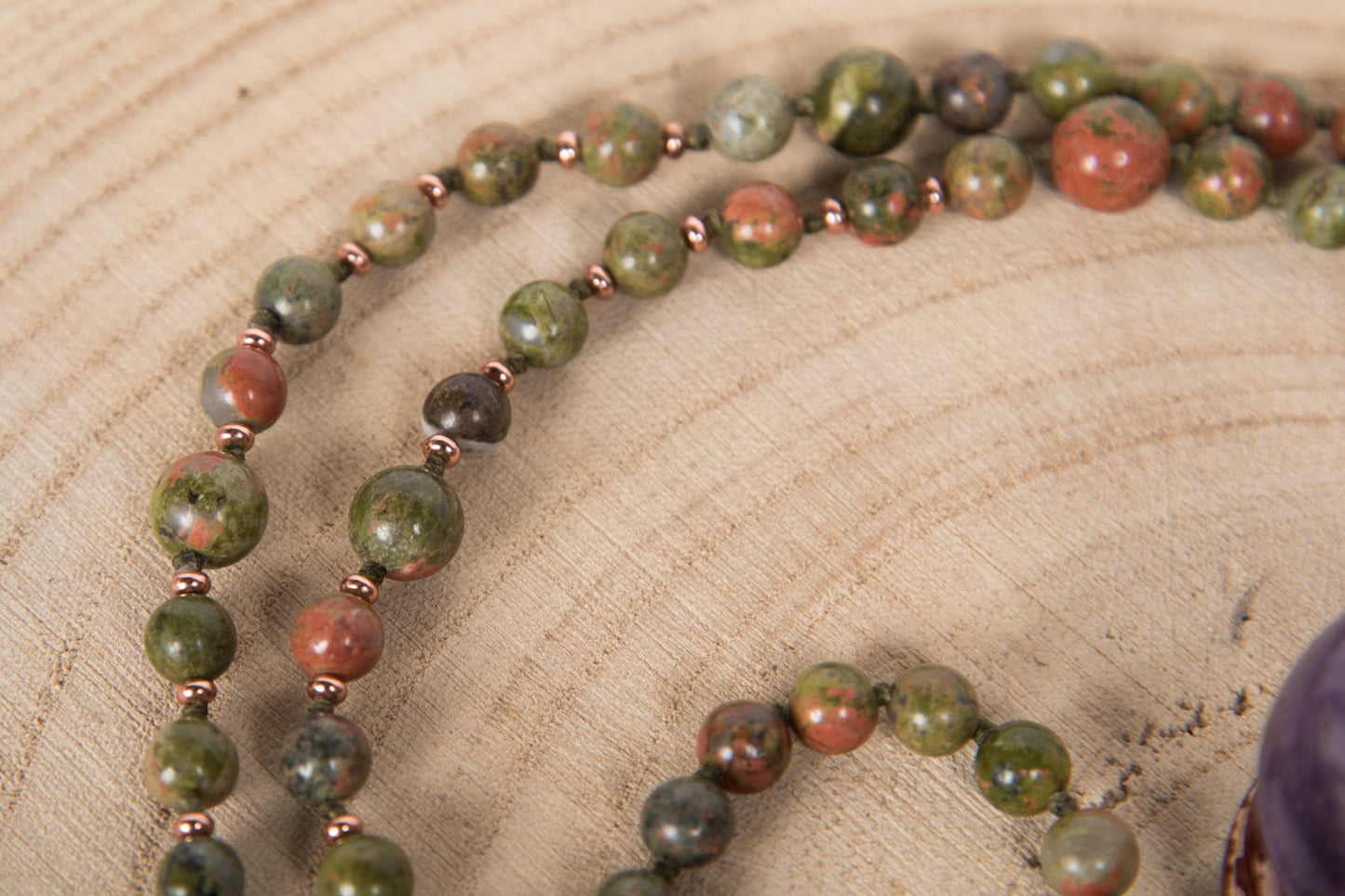 Mala in Unakite, Perla Guru in Rame