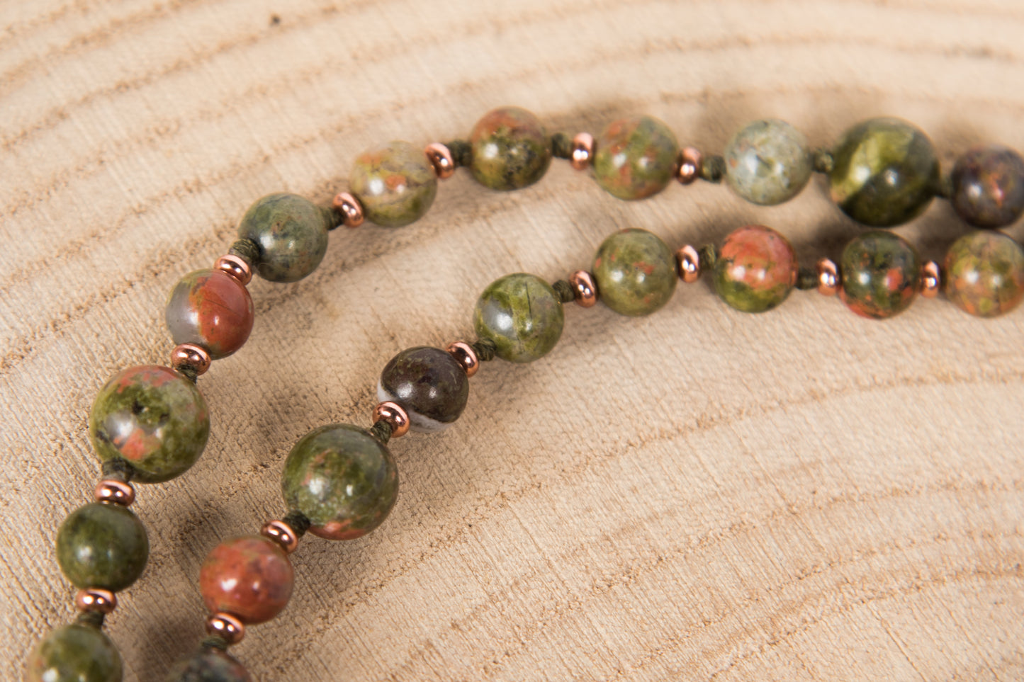 Mala in Unakite, Perla Guru in Rame