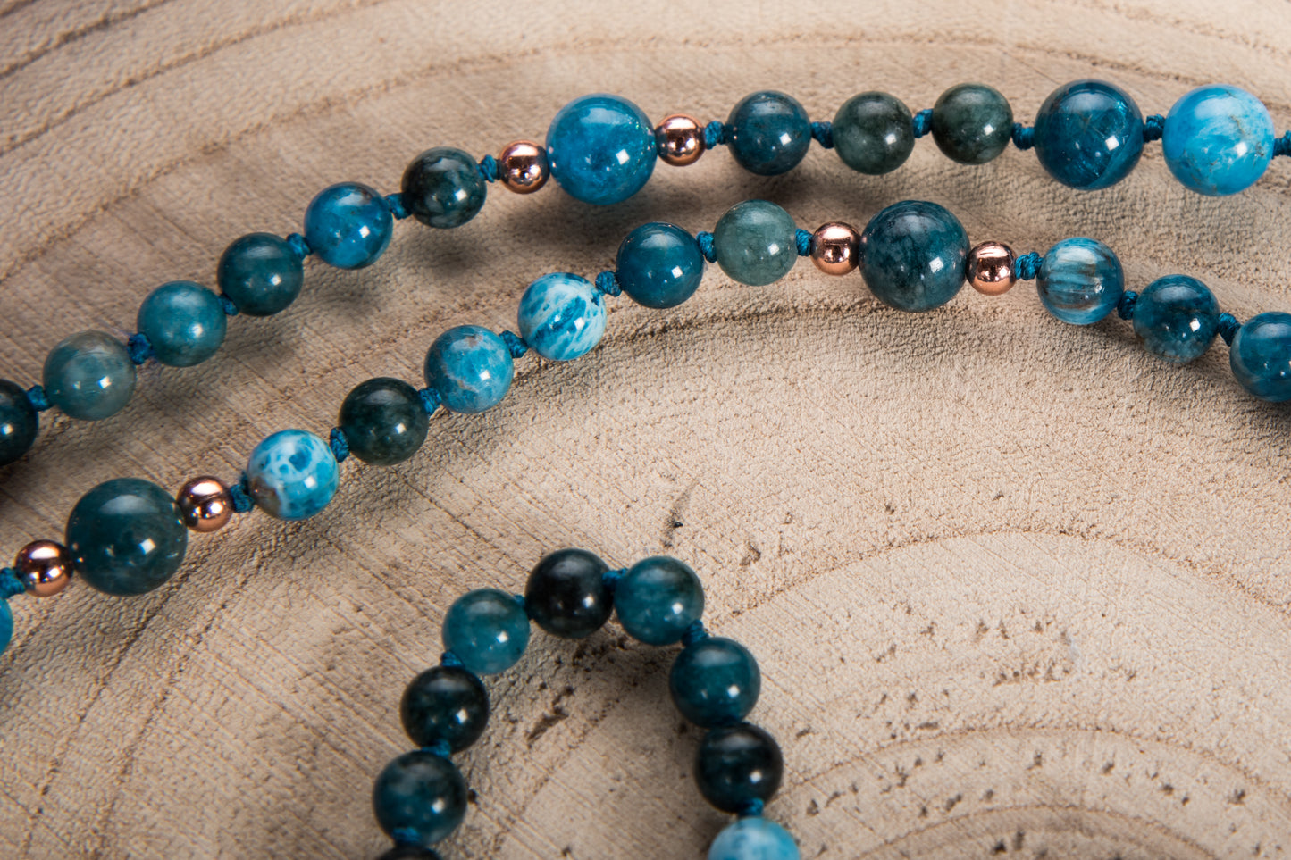 Mala in Apatite, Pietra Guru Amazzonite, Rame