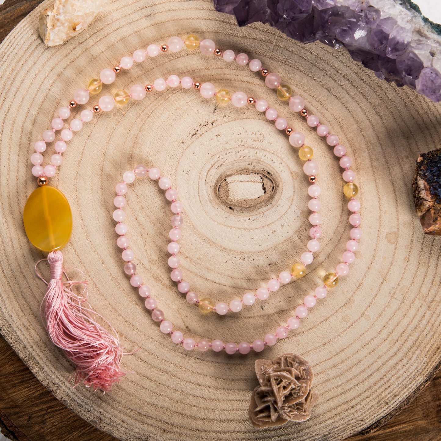 Mala Quarzo rosa, Quarzo Citrino, Pietra Guru Agata gialla, Rame