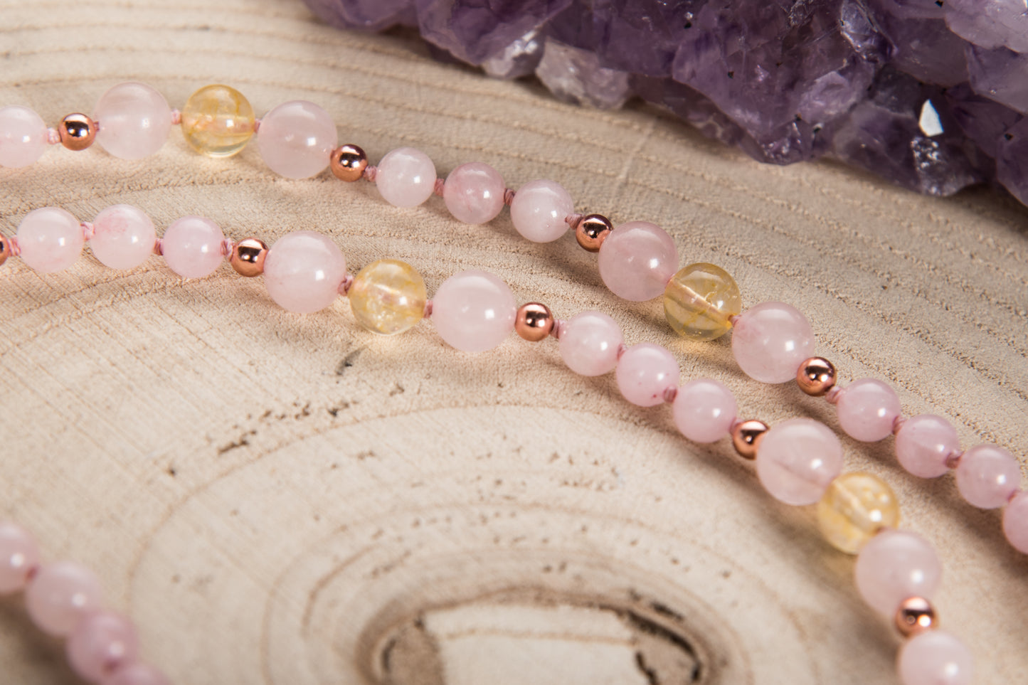 Mala Quarzo rosa, Quarzo Citrino, Pietra Guru Agata gialla, Rame