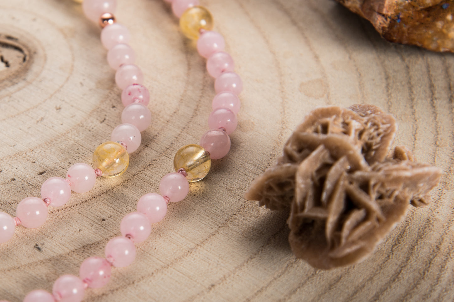 Mala Quarzo rosa, Quarzo Citrino, Pietra Guru Agata gialla, Rame
