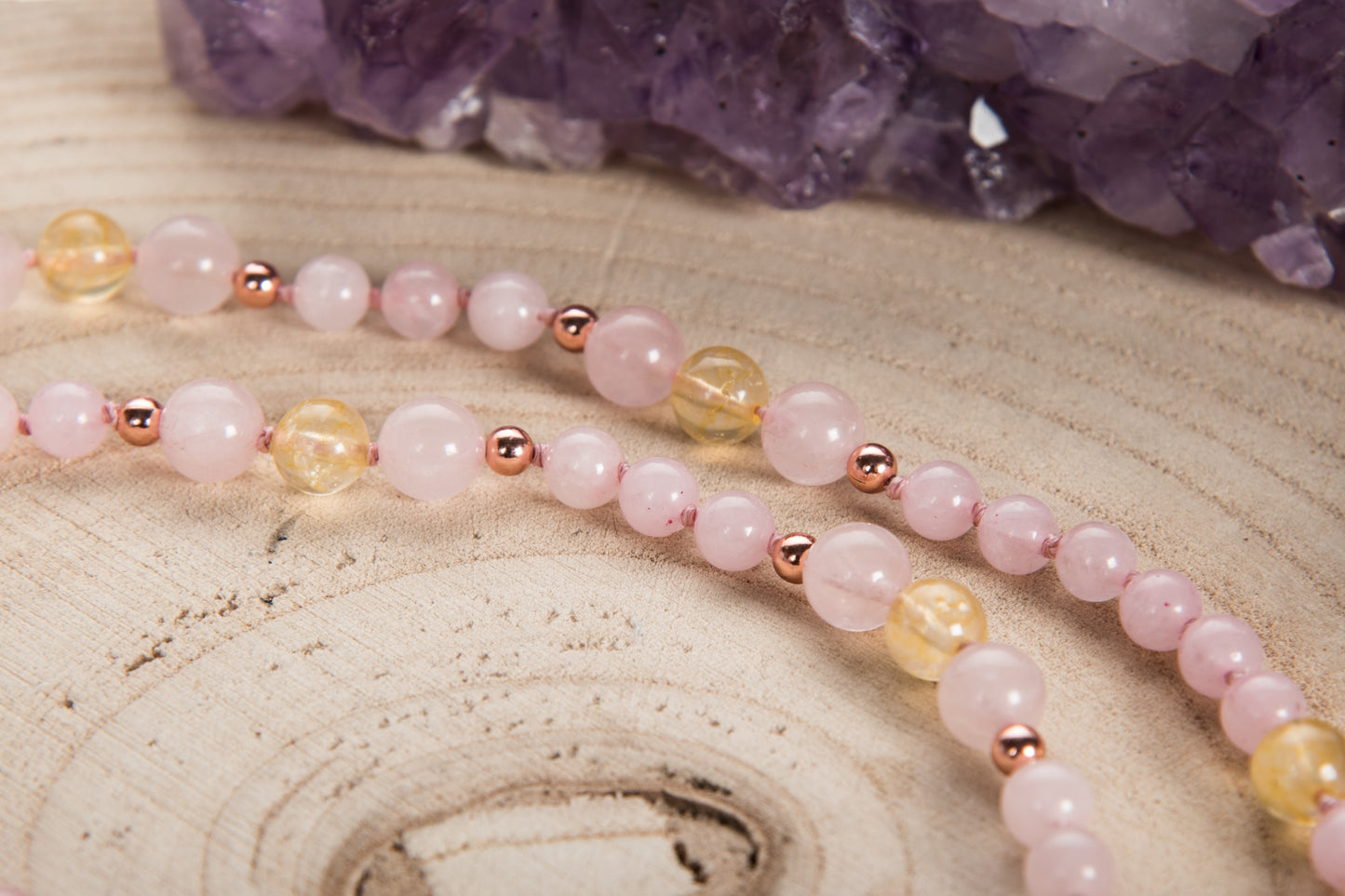 Mala Quarzo rosa, Quarzo Citrino, Pietra Guru Agata gialla, Rame