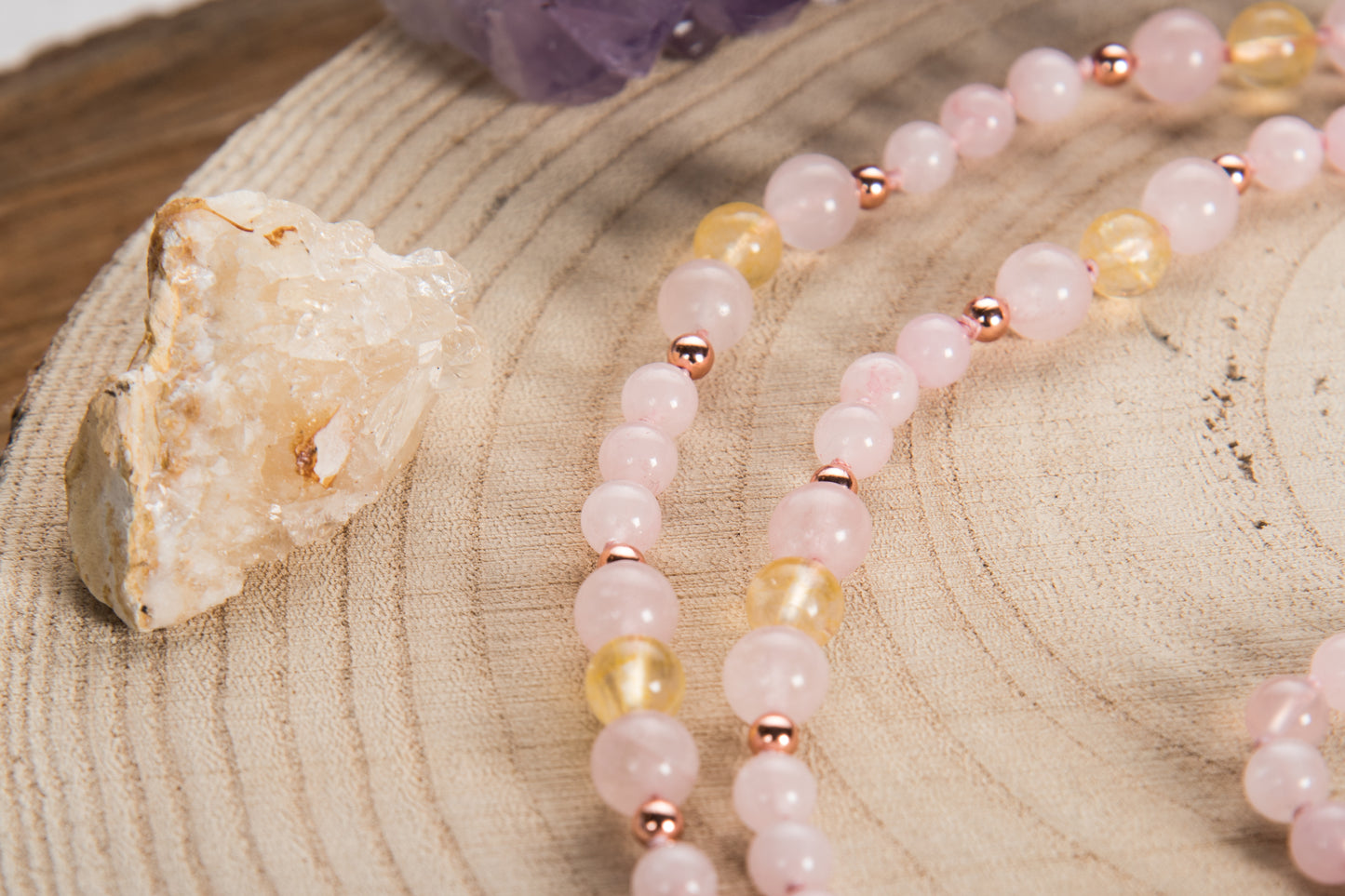 Mala in Quarzo rosa, Quarzo Citrino, Pietra Guru Agata gialla, Rame