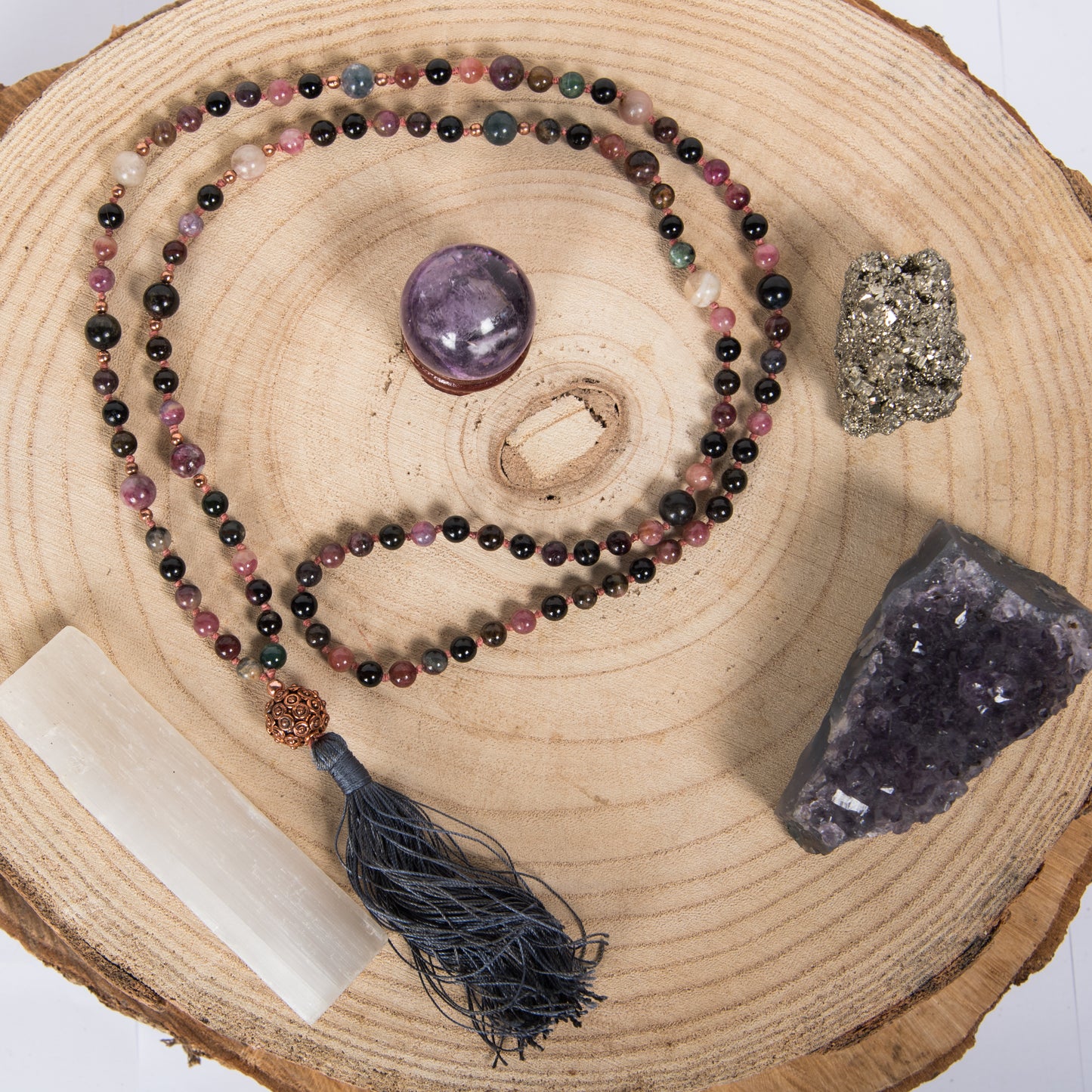Mala in Tormalina multicolore naturale, Perla Guru Rame