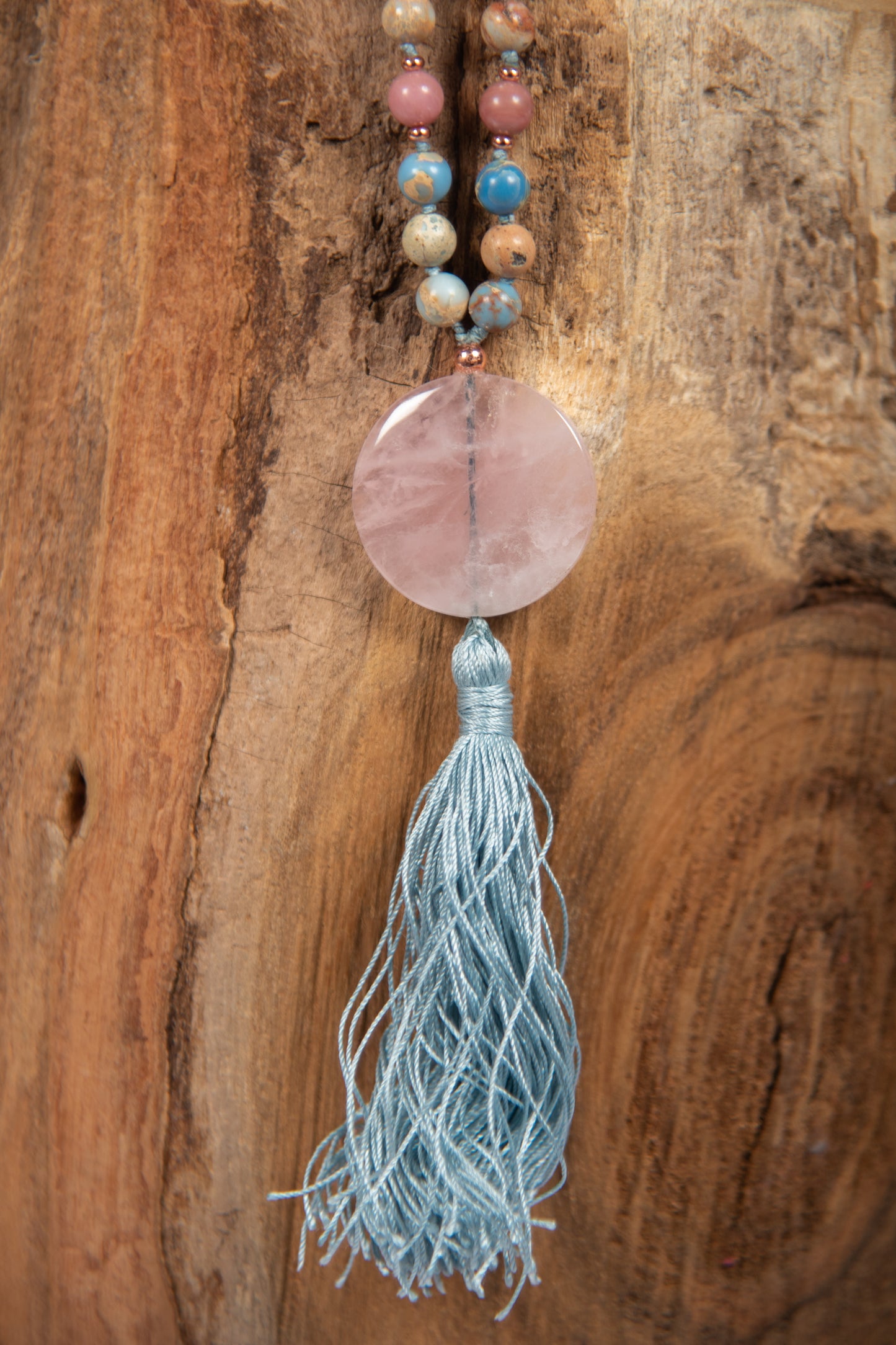 Mala da meditazione in Diaspro imperiale, Rodonite, Pietra Guru Quarzo rosa e Rame