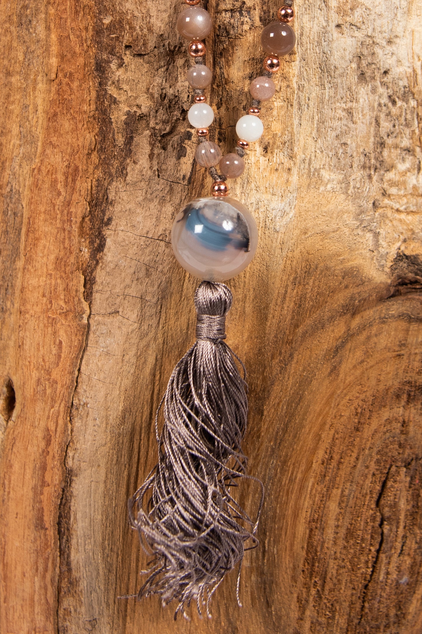 Mala collana 108 in Pietra di luna, Pietra Guru Agata, Rame