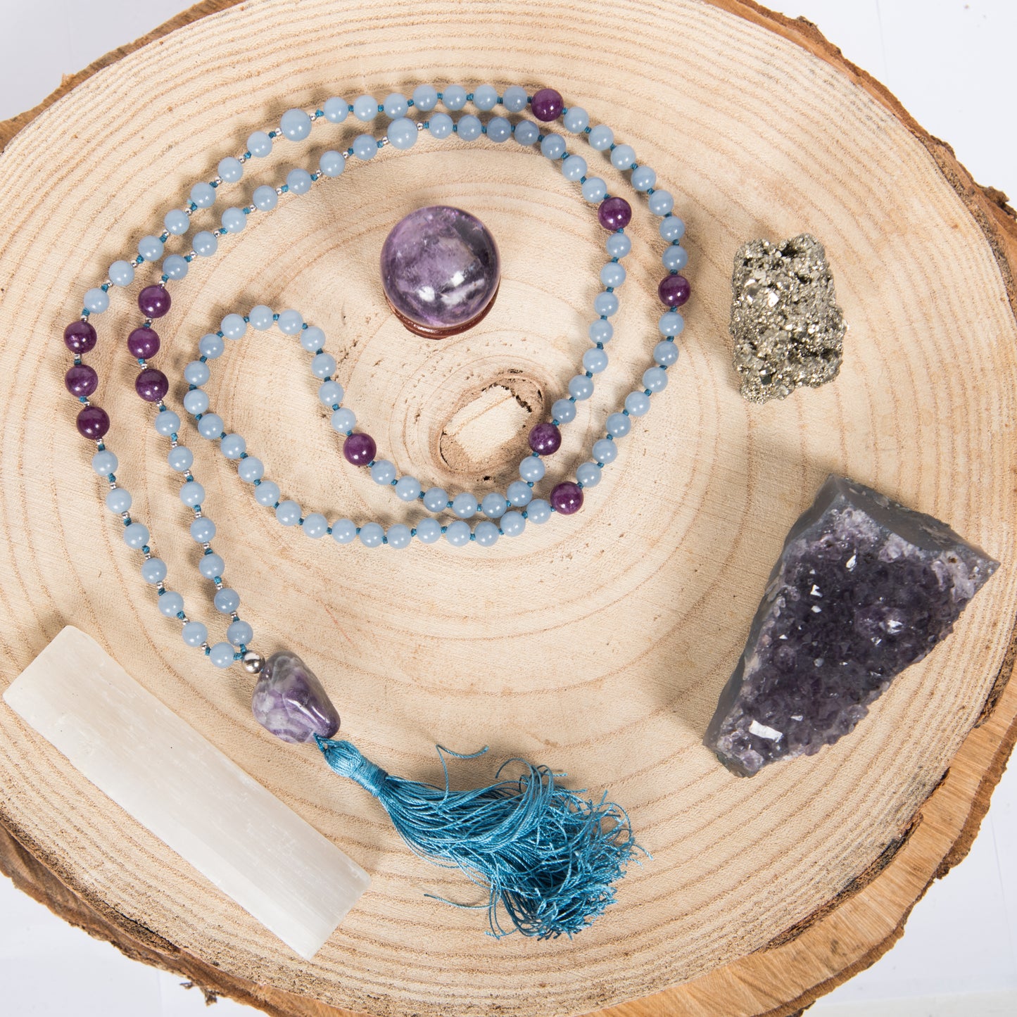 Mala in Angelite, Pietra Guru Ametista, Argento 925