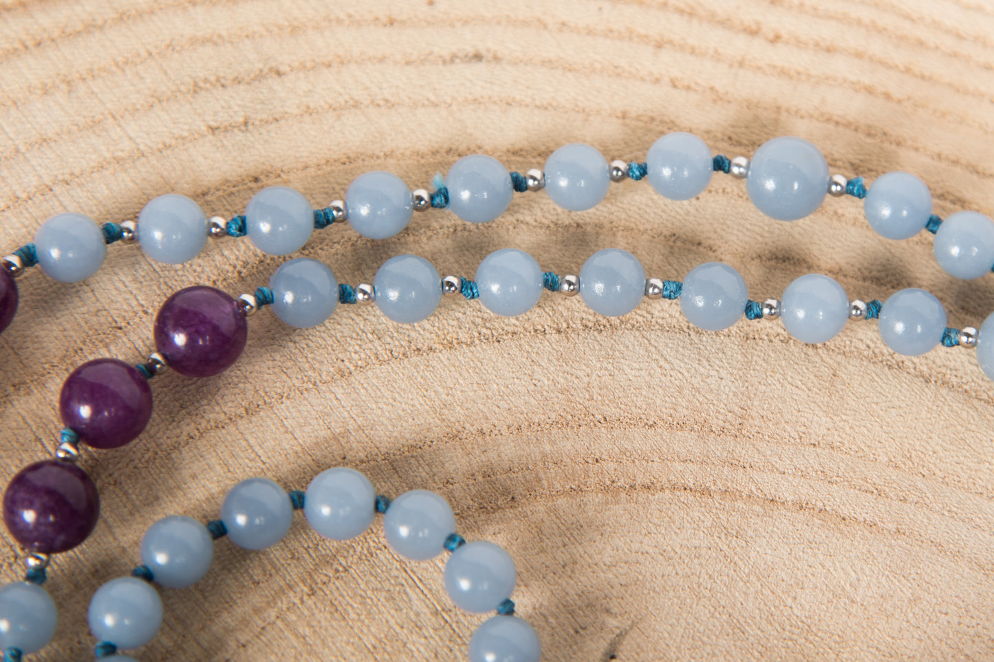 Mala in Angelite, Pietra Guru Ametista, Argento 925