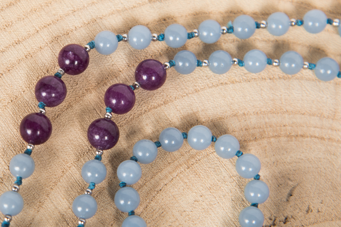 Mala in Angelite, Pietra Guru Ametista, Argento 925