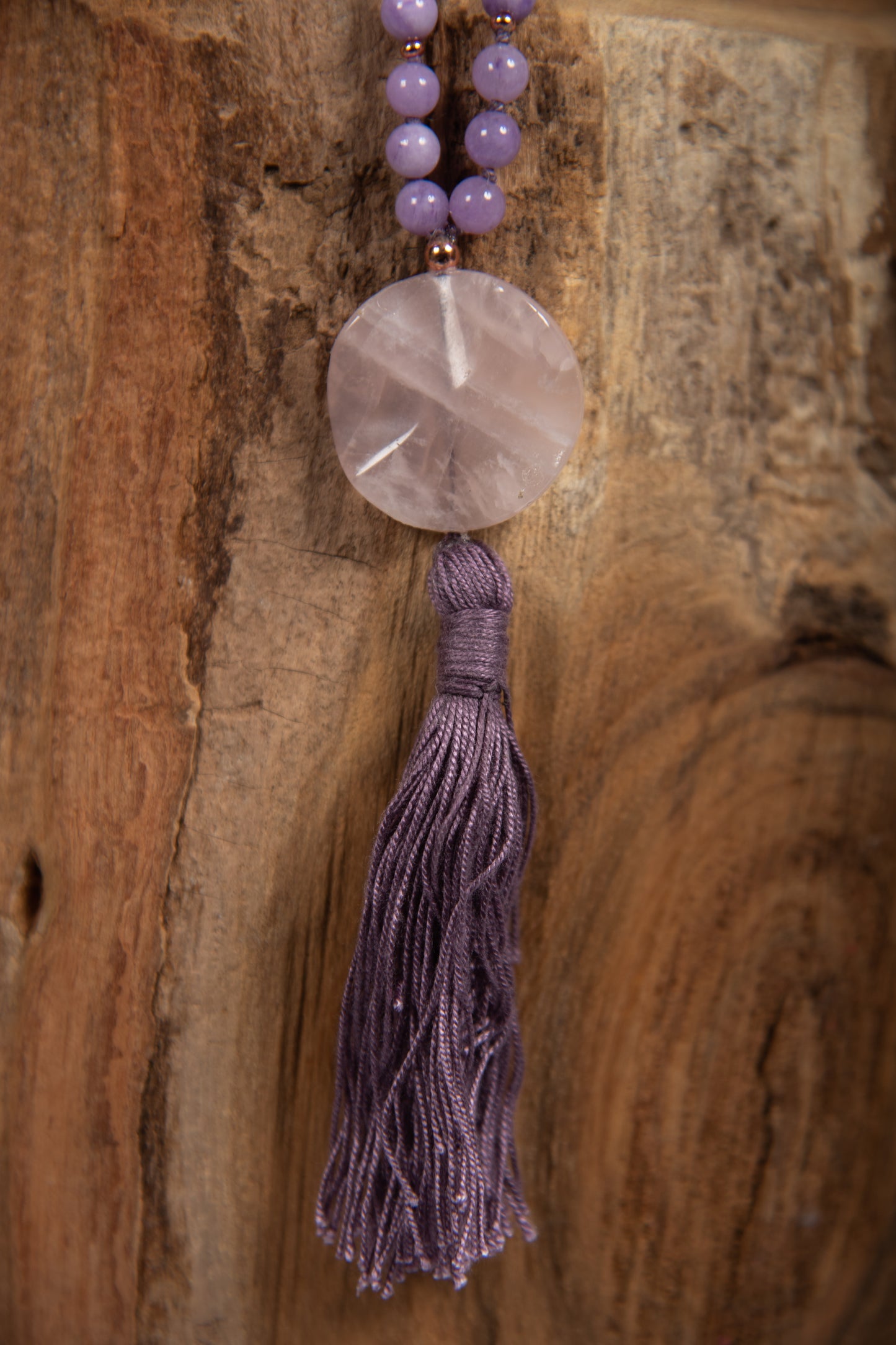 Mala per meditare con pietre dure naturali in Kunzite, Pietra Guru Quarzo rosa, Rame