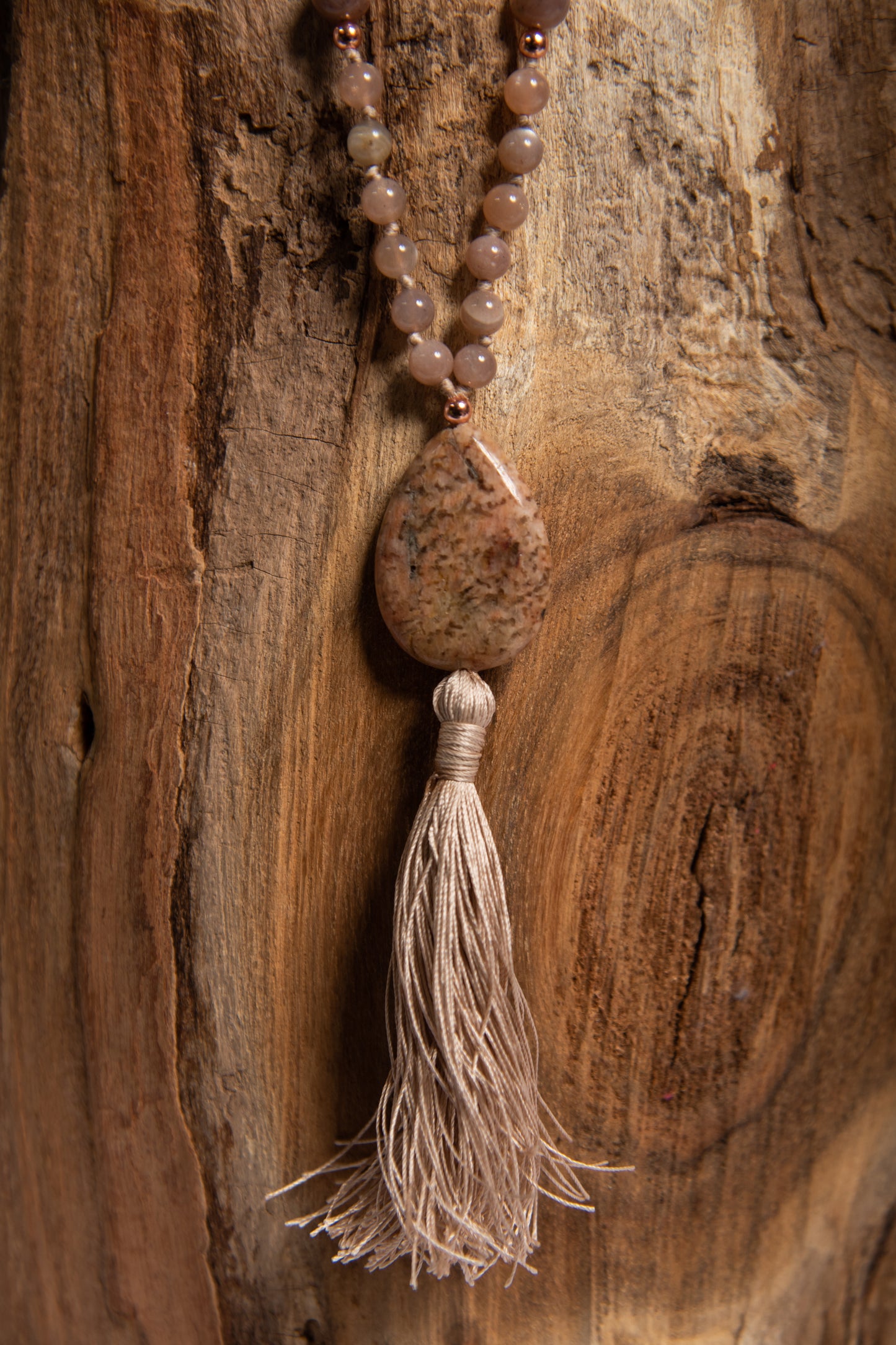Mala in Pietra di luna naturale, Pietra Guru Zebradorite, Rame