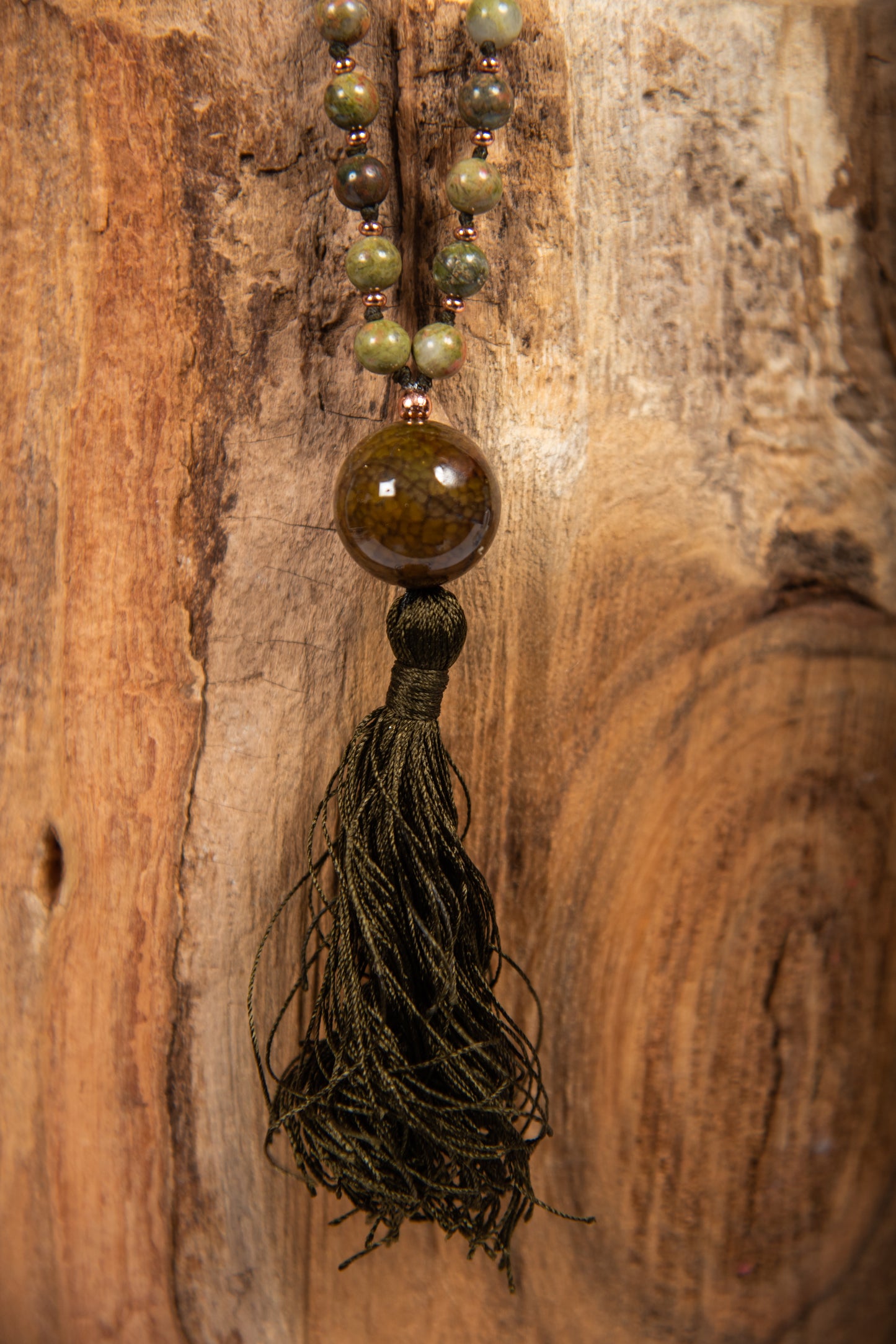 Mala in pietra dura di Unakite, Pietra Guru Agata, Rame