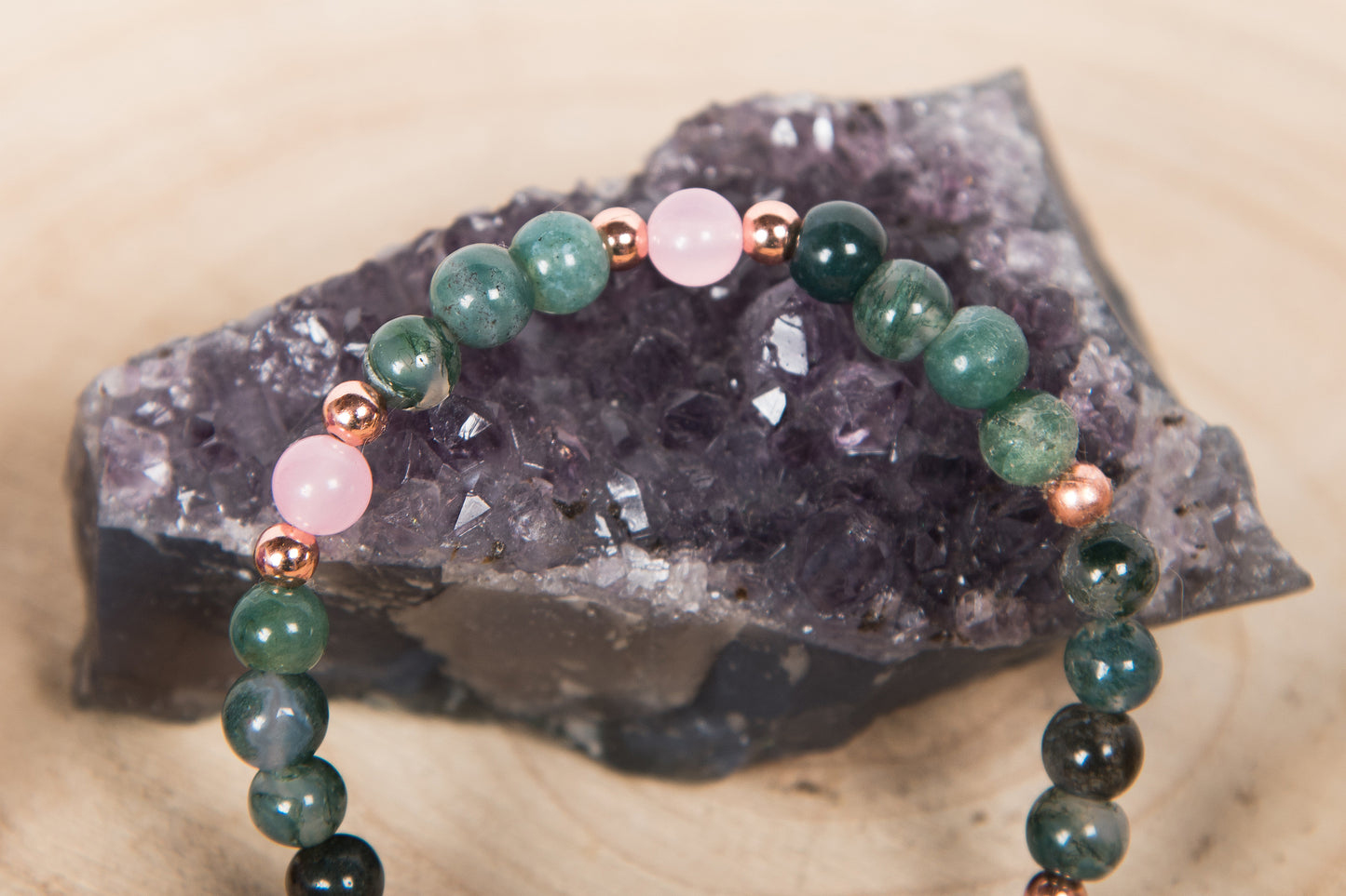 Agata muschiata, Quarzo rosa, Charm Albero della Vita in Rame