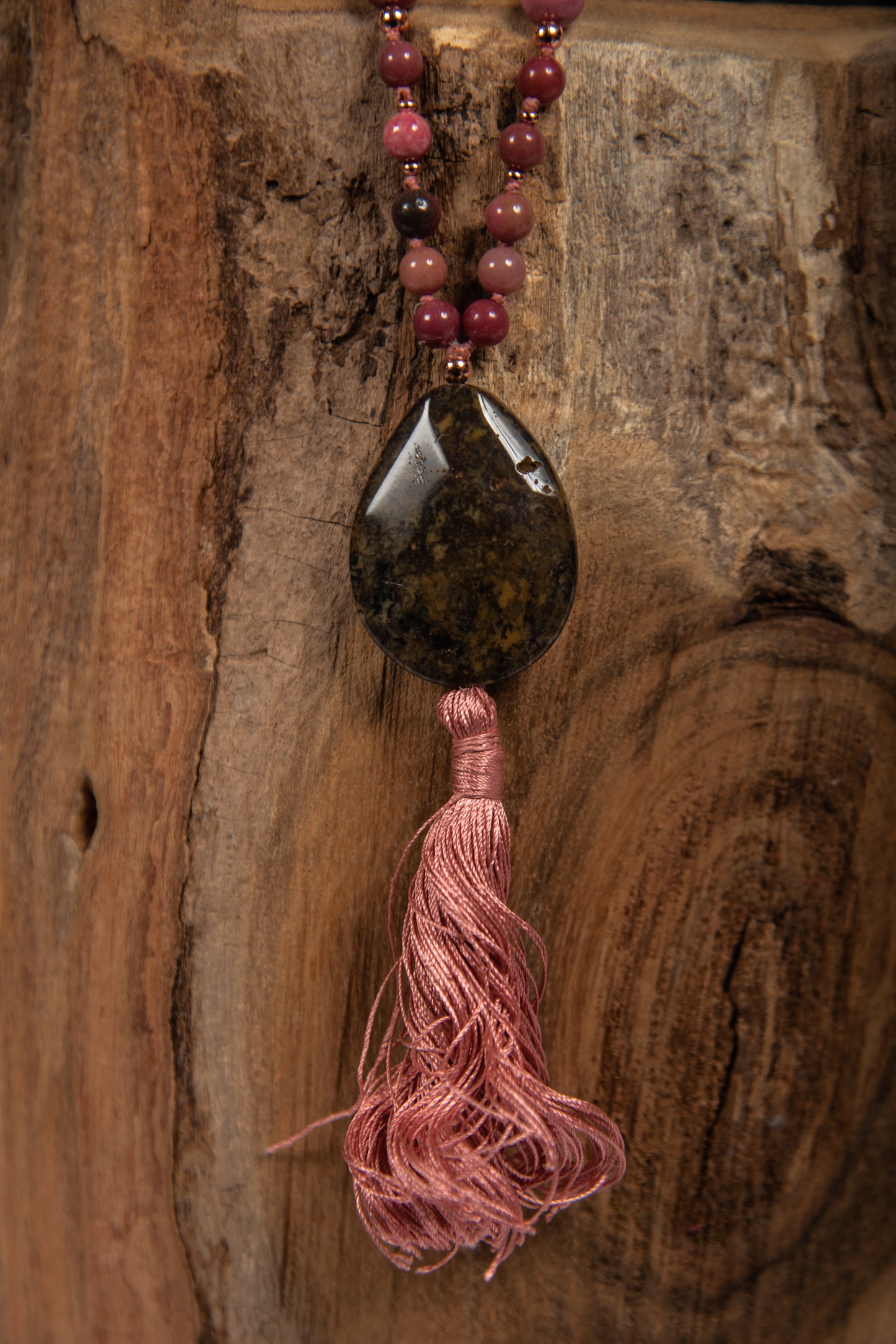 Mala collana in pietra dura naturale di Rodonite, Pietra guru Diaspro, Rame