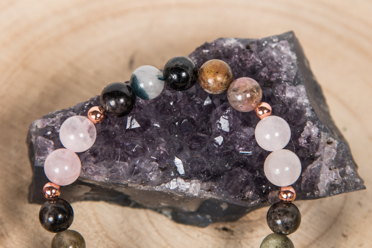 Tormalina, Quarzo rosa, Charm Albero della Vita in Rame