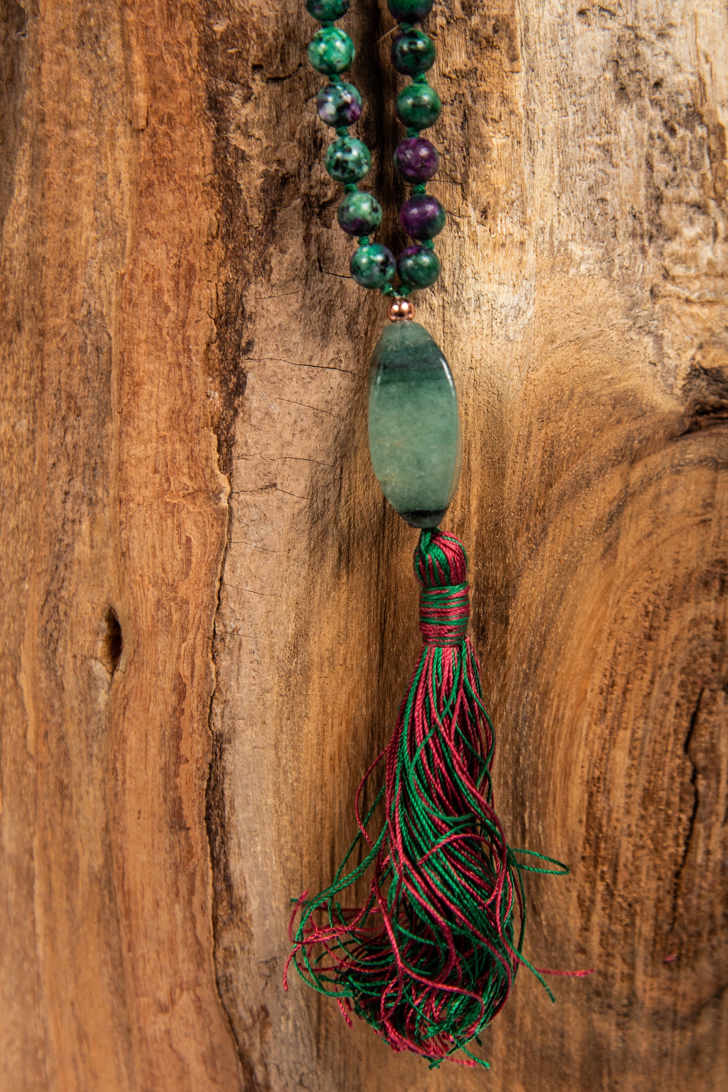 Mala da meditazione in Zoisite, Pietra Guru Fluorite, Rame