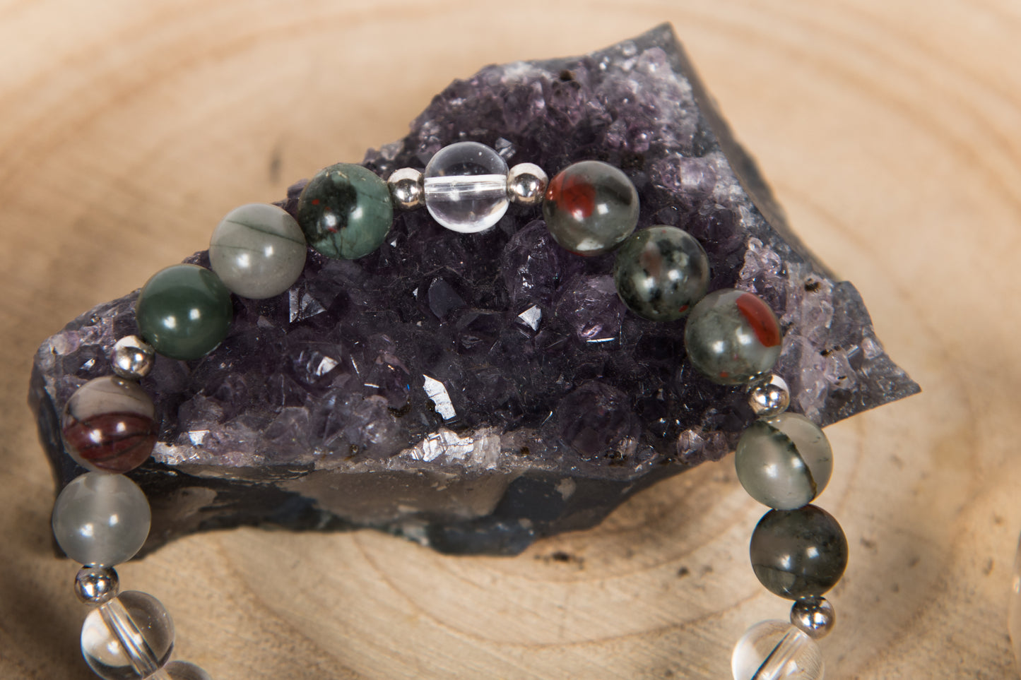 Diaspro sanguigno, Cristallo di rocca, Charm Fiore di loto in argento 925