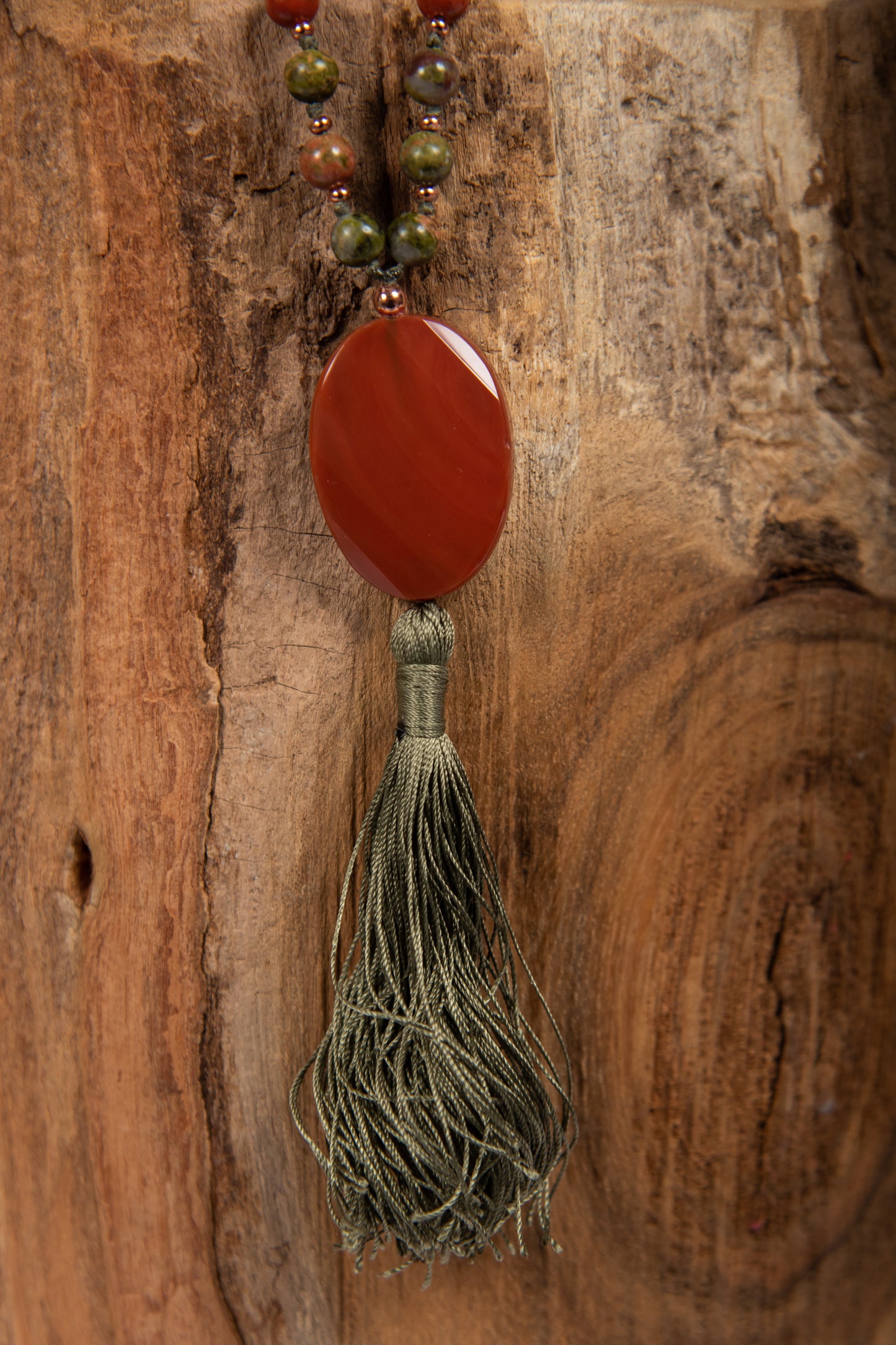 Mala 108 perle in Unakite, Pietra Guru Corniola e Rame