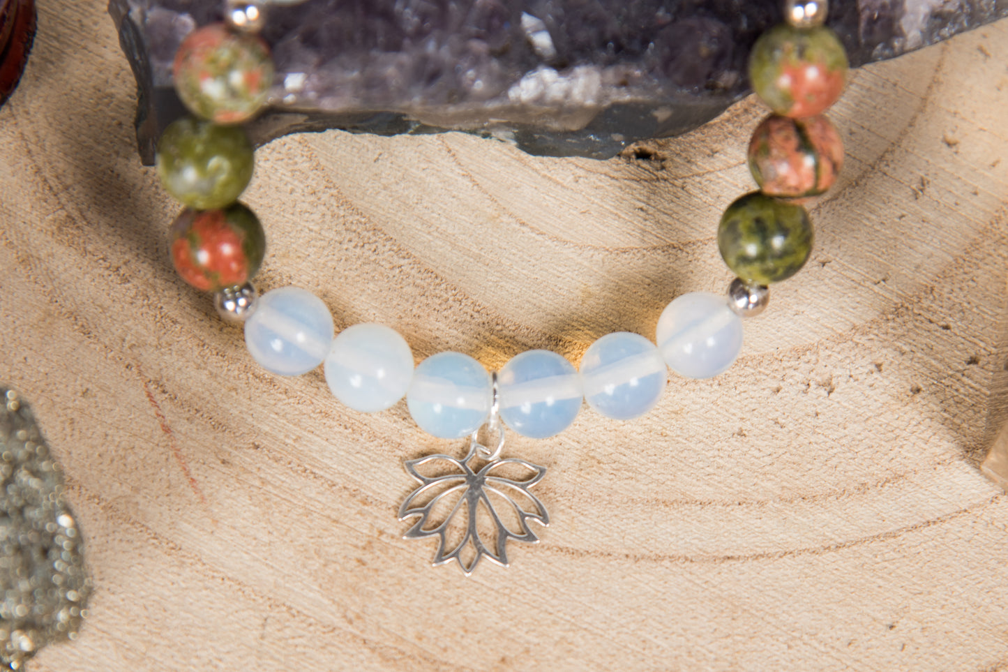 Opalite, Unakite, Charm Fiore di loto in argento 925
