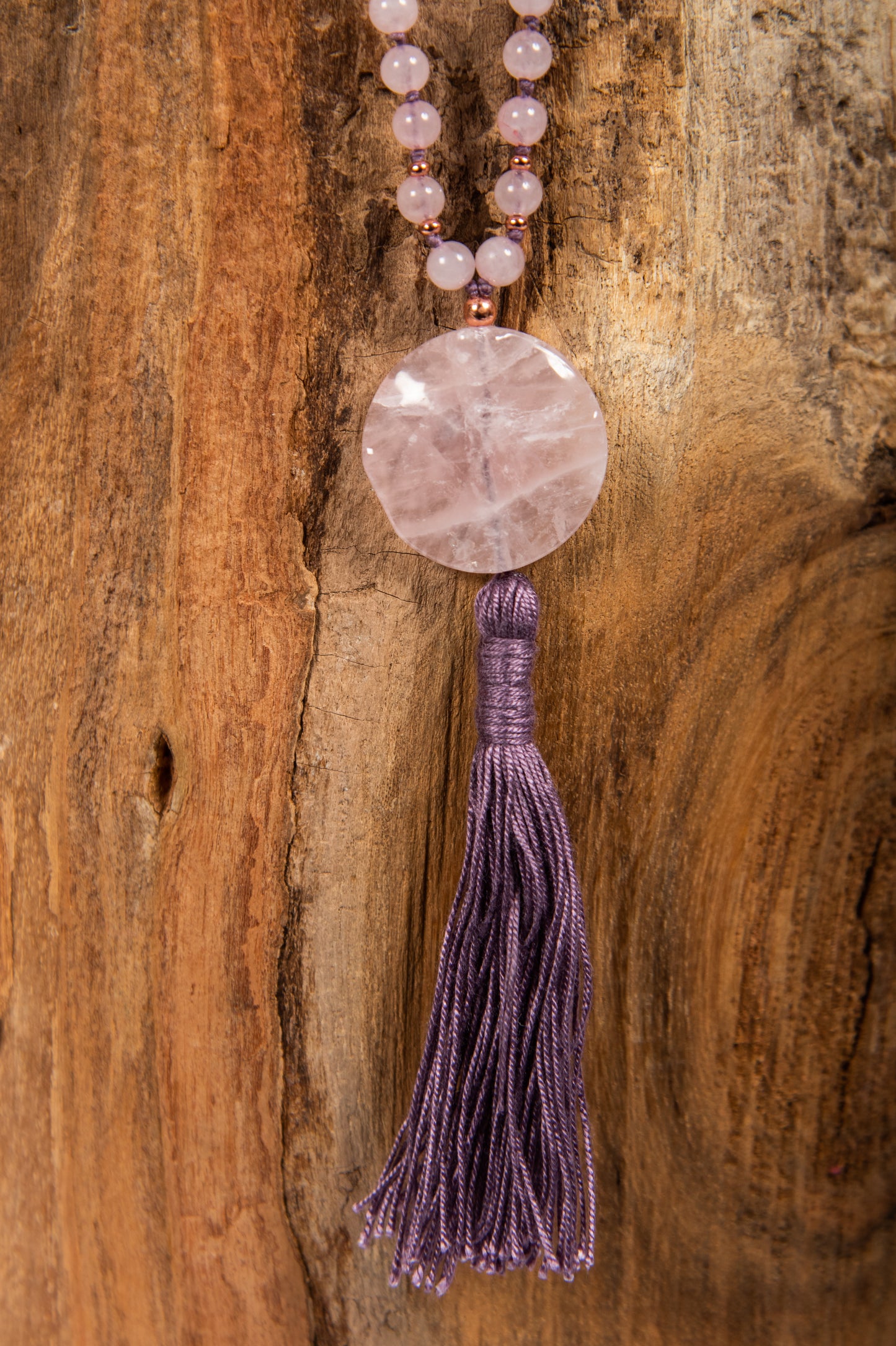 Mala con cristalli naturali di Quarzo rosa, Pietra Guru Quarzo rosa, Rame