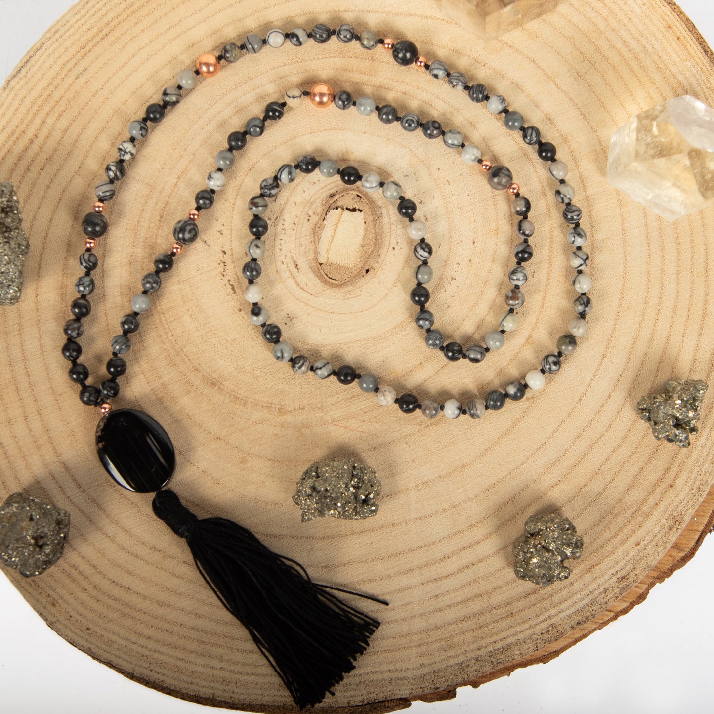 Mala in Diaspro zebrato, Pietra Guru Agata nera e Rame