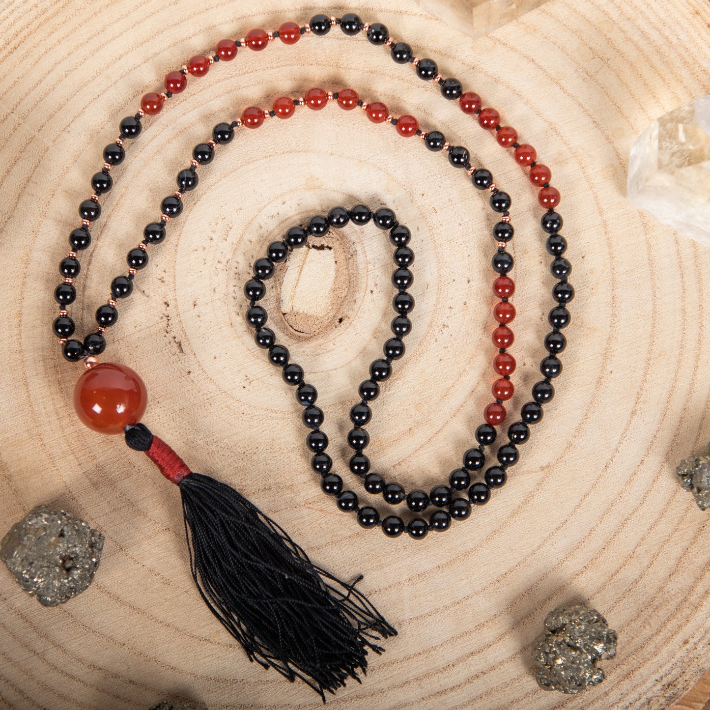 Mala con cristalli naturali di Agata rossa, Onice, Pietra Guru Agata rossa, Rame